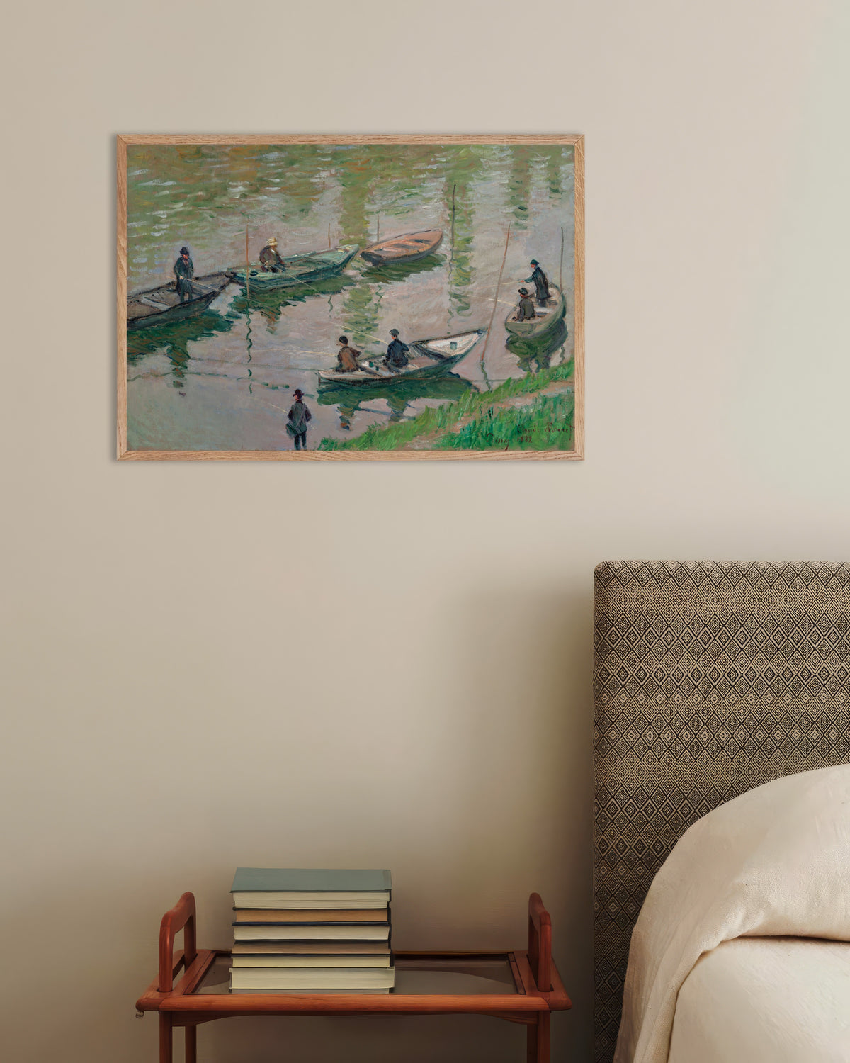 Claude Monet’n Kalastajia Seinellä Poissyssa (1882) -juliste luonnonvärisessä puukehyksessä