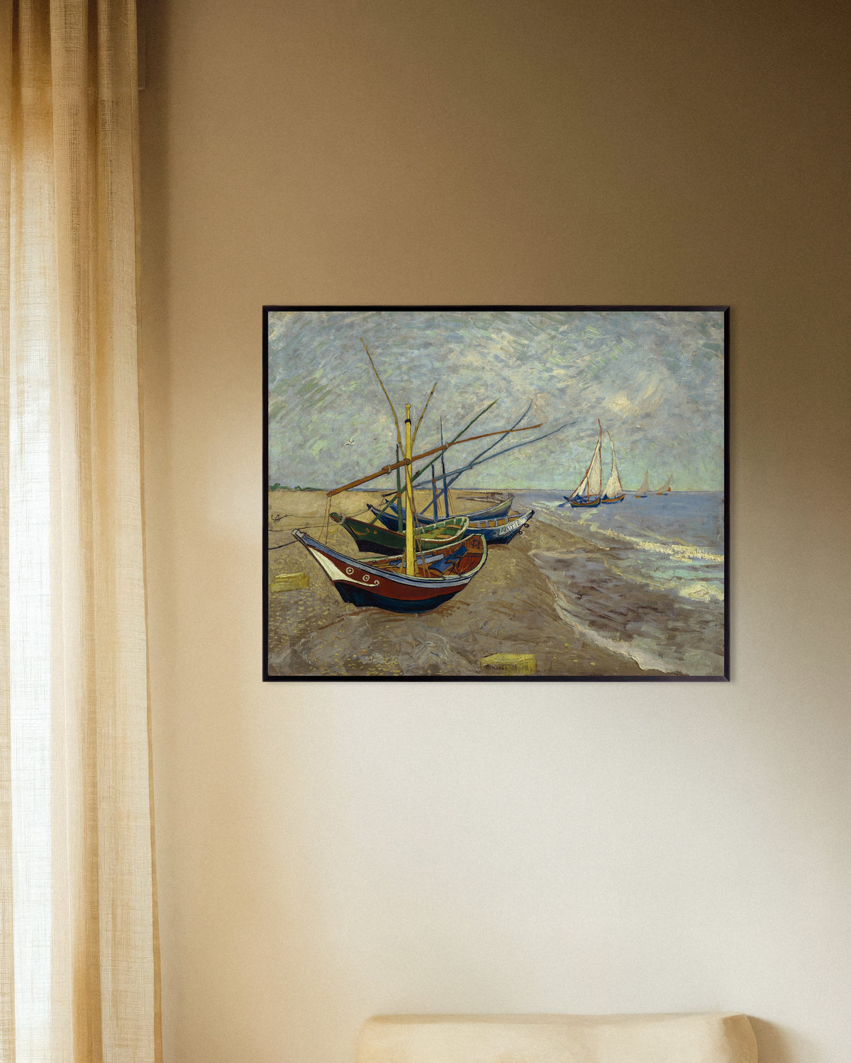 Juliste, Vincent van Goghin teos Kalastusveneitä rannalla Les Saintes-Maries-de-la-Merissä (1888), metallikehyksellä