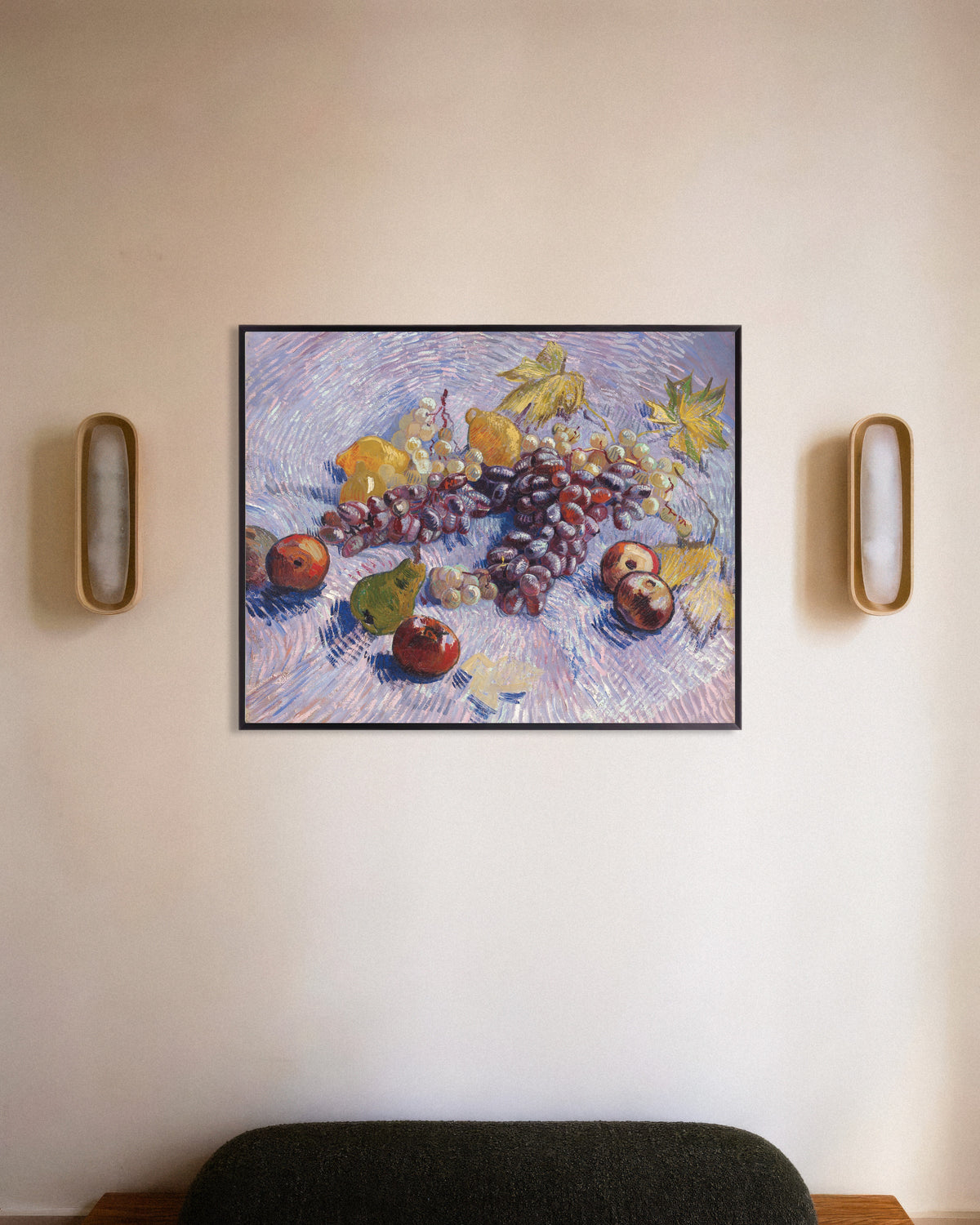 Juliste teoksesta Rypäleitä, sitruunoita, päärynöitä ja omenoita (1887), Vincent van Gogh, metallikehyksellä