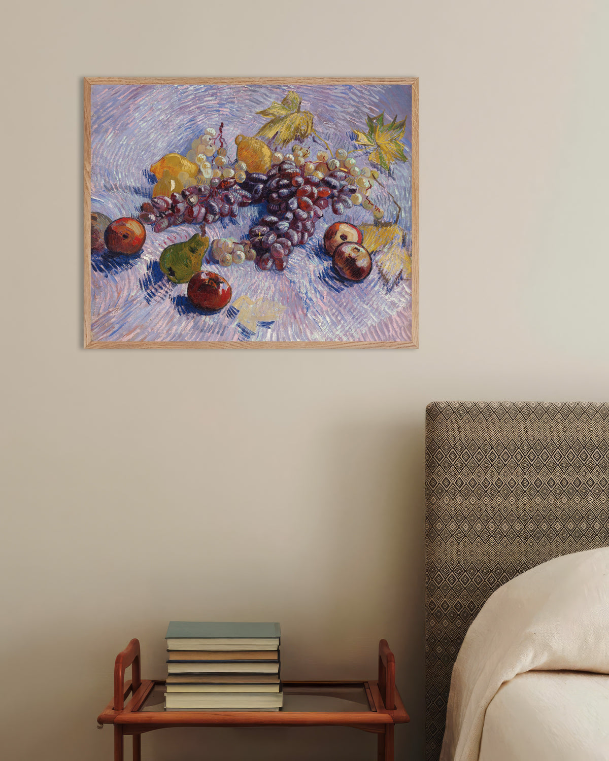 Juliste teoksesta Rypäleitä, sitruunoita, päärynöitä ja omenoita (1887), Vincent van Gogh, luonnonvärisellä puukehyksellä