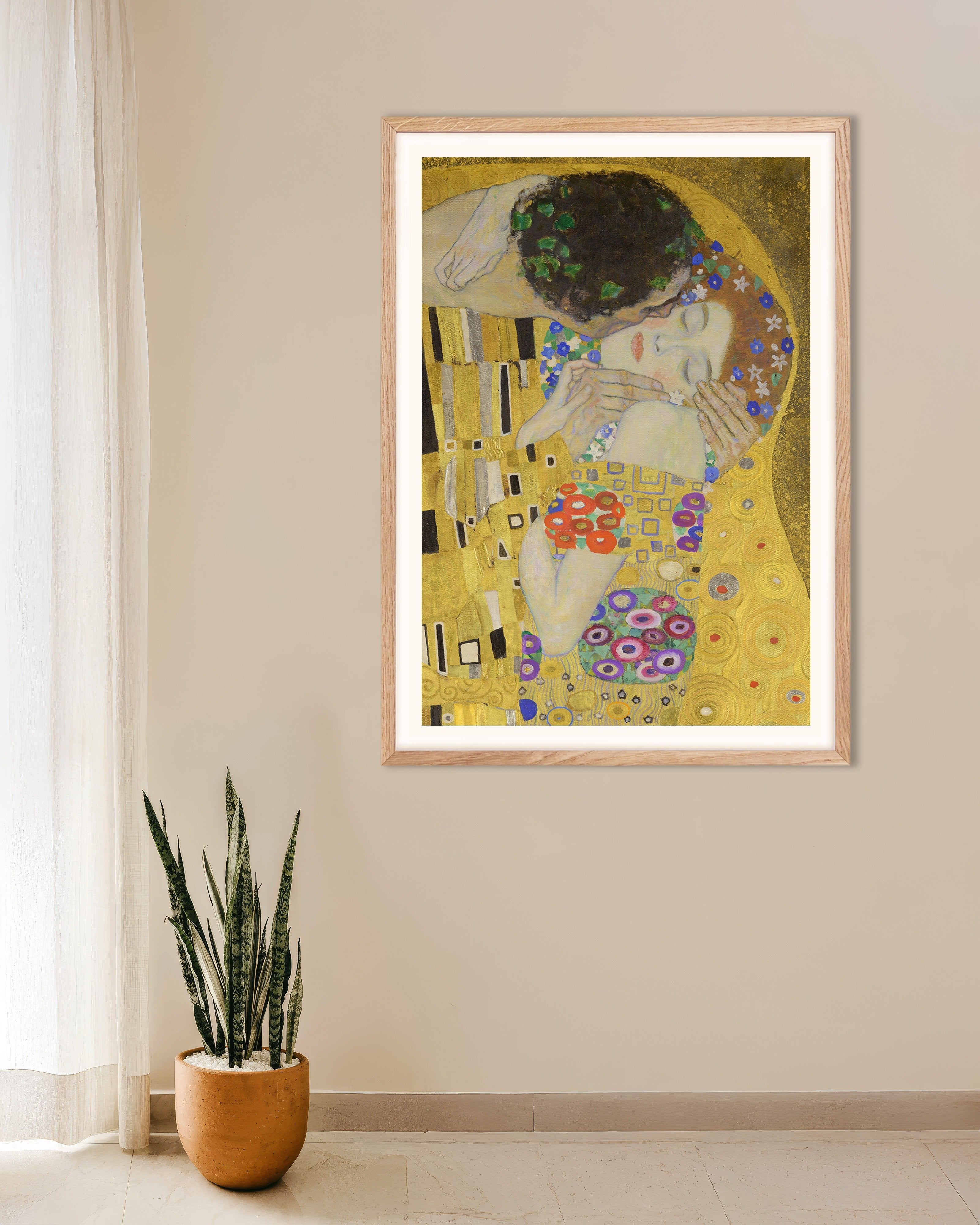 Poster of Gustav Klimt Print - The Kiss, with natural wooden frame