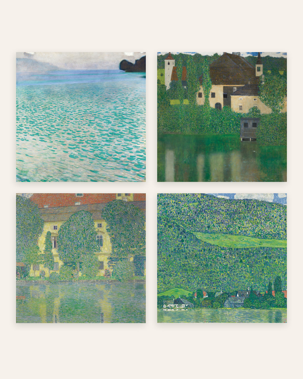 Klimt-julisteet, 4 kpl setti: Attersee, Vesilinna, Kammerin linna ja Litzlberg, ilman kehystä