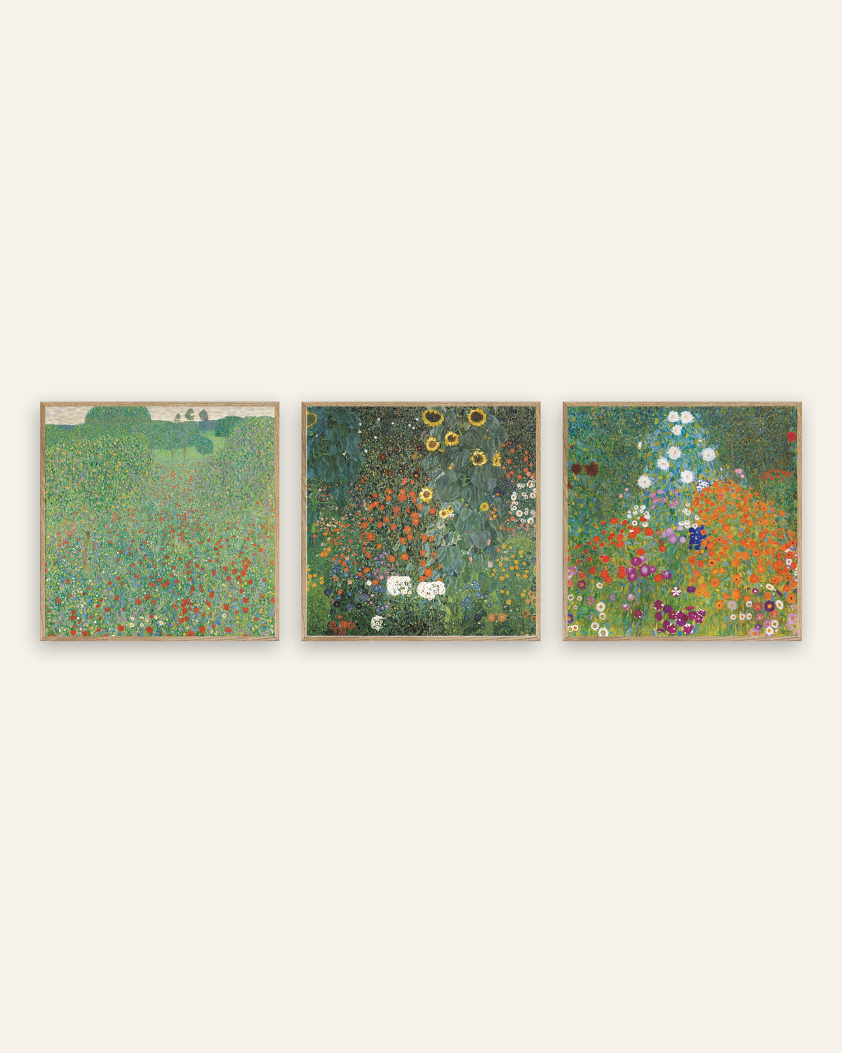 Klimt-julisteet, 3 kpl setti: Unikkoniitty, Maalaispuutarha ja auringonkukat sekä Maalaispuutarha, luonnontammikehyksissä