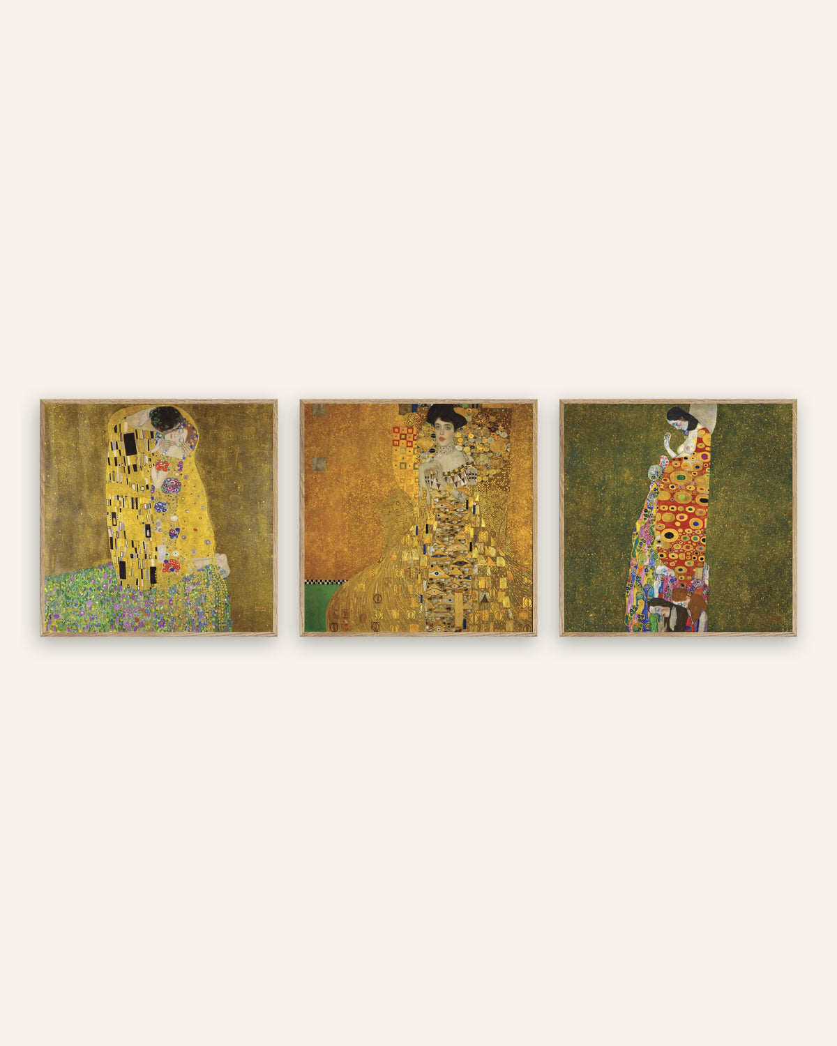 Klimt-julisteet, 3 kpl setti: Suudelma, Adele Bloch-Bauer I ja Toivo II, luonnontammikehyksissä