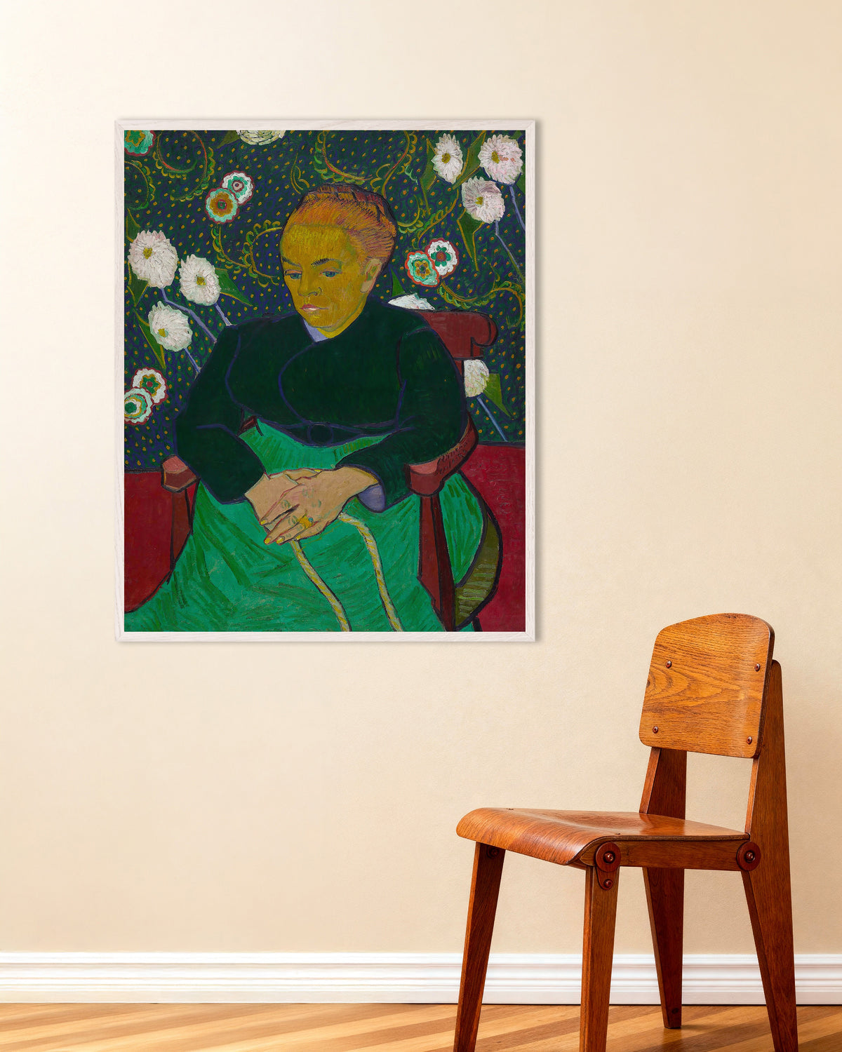 La Berceuse, Madame Roulin tuudittamassa kehtoa (1889), Vincent van Gogh, juliste valkoisilla puukehyksillä
