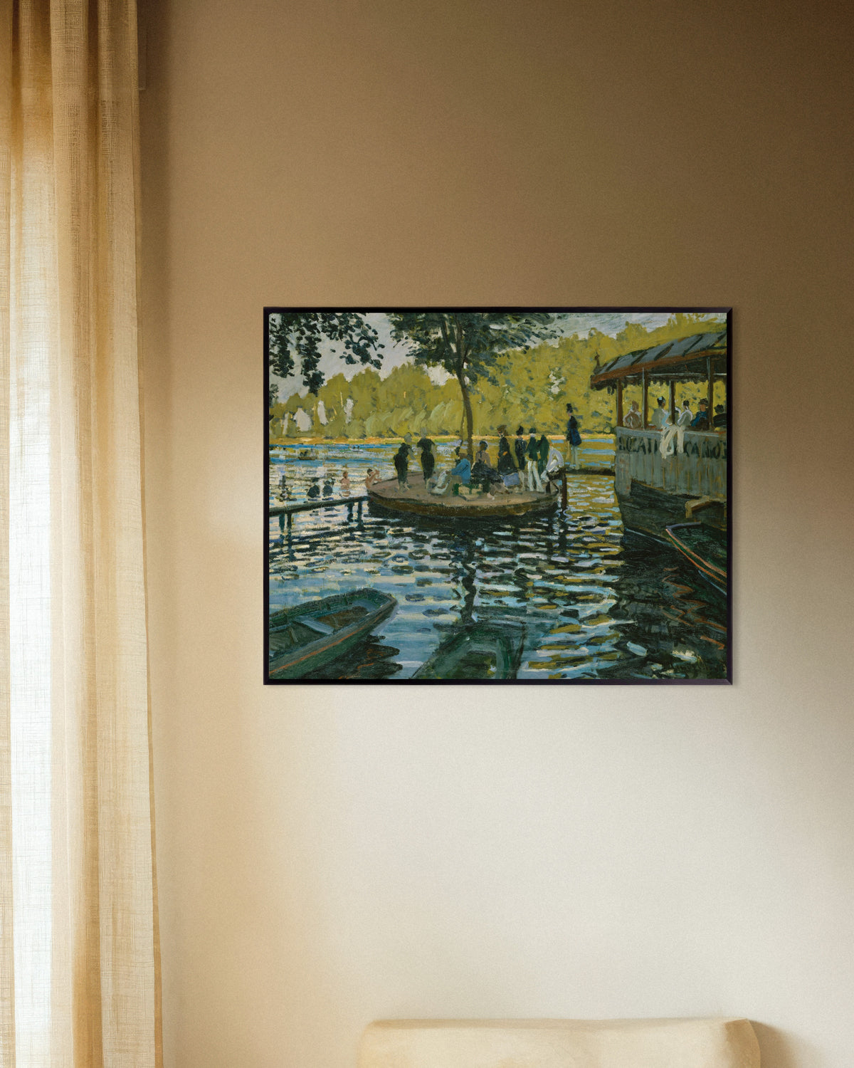 Claude Monet’n La Grenouillère (1869) -juliste metallikehyksessä