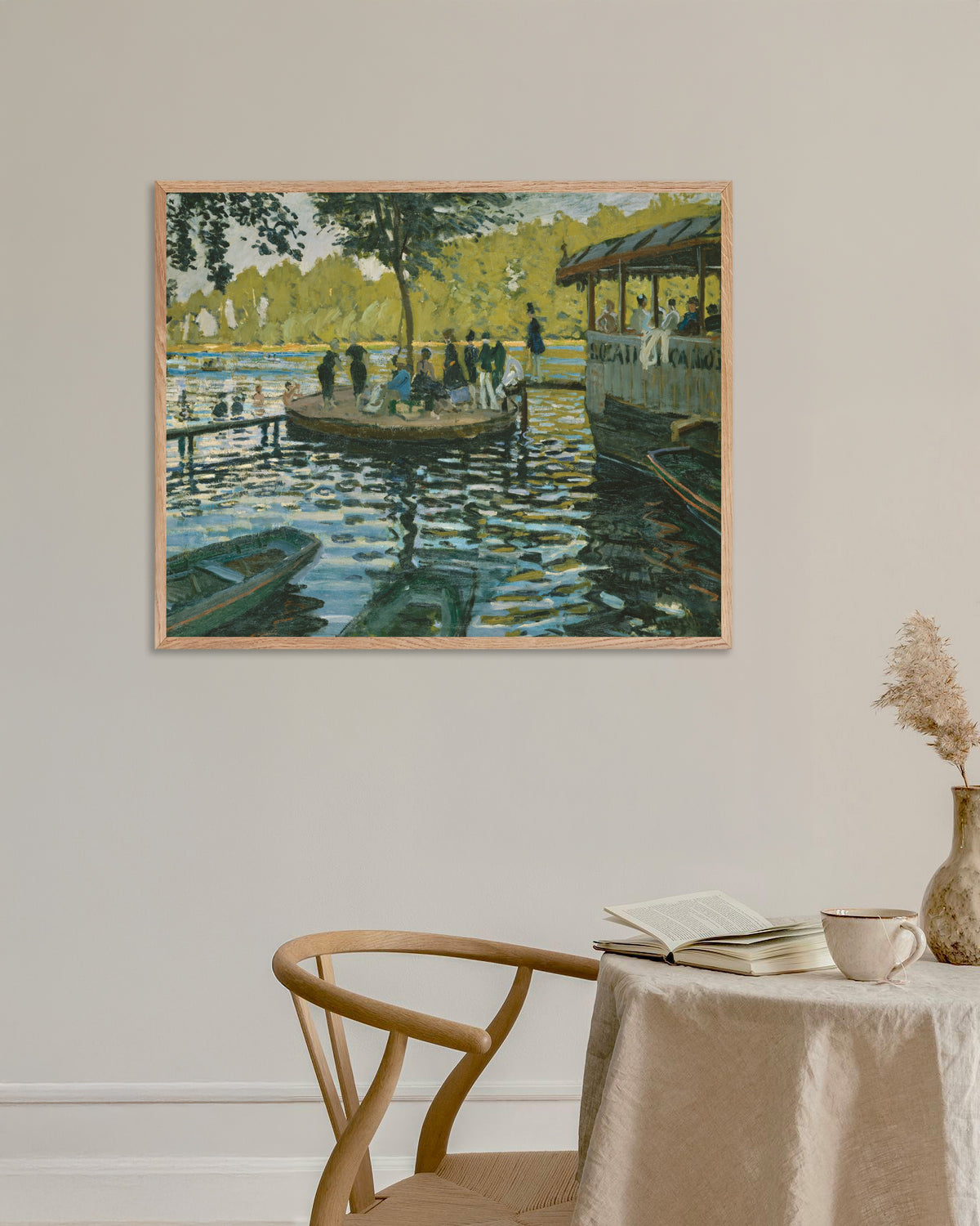 Claude Monet’n La Grenouillère (1869) -juliste luonnonvärisessä puukehyksessä