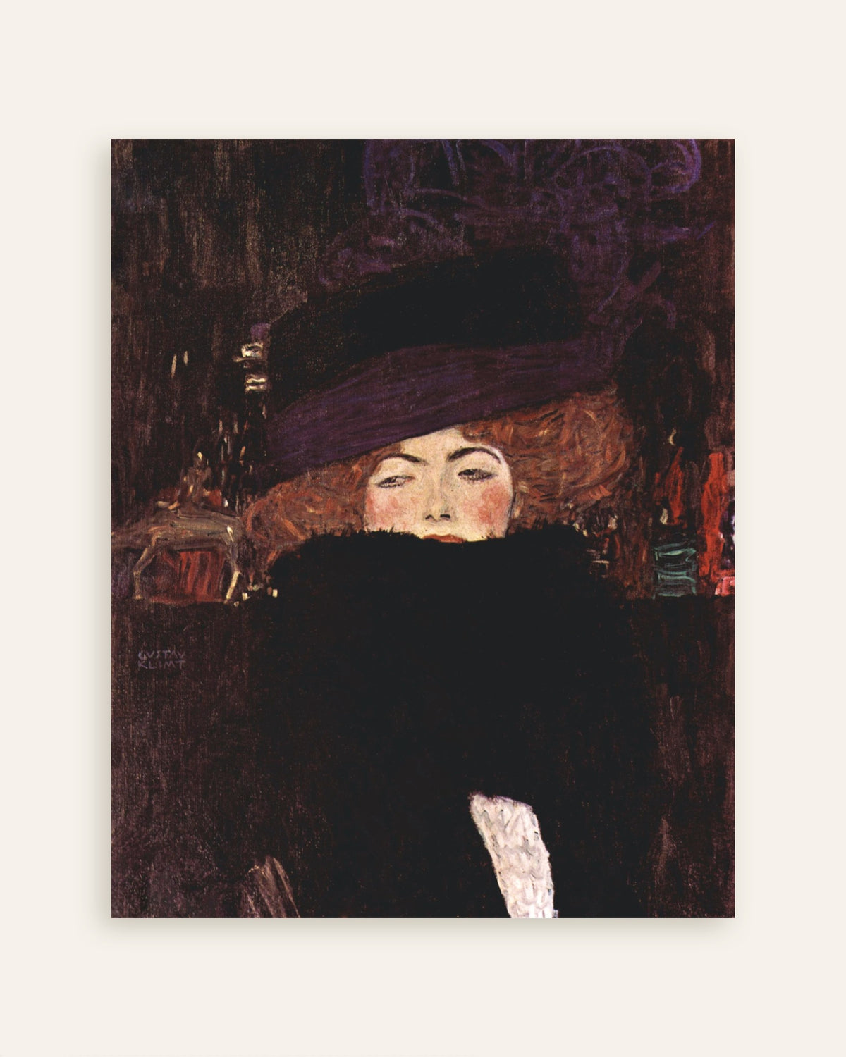 Juliste, Gustav Klimtin teos Nainen hattu päässä ja höyhenpuuhka kaulassa (1909), pikkukuva