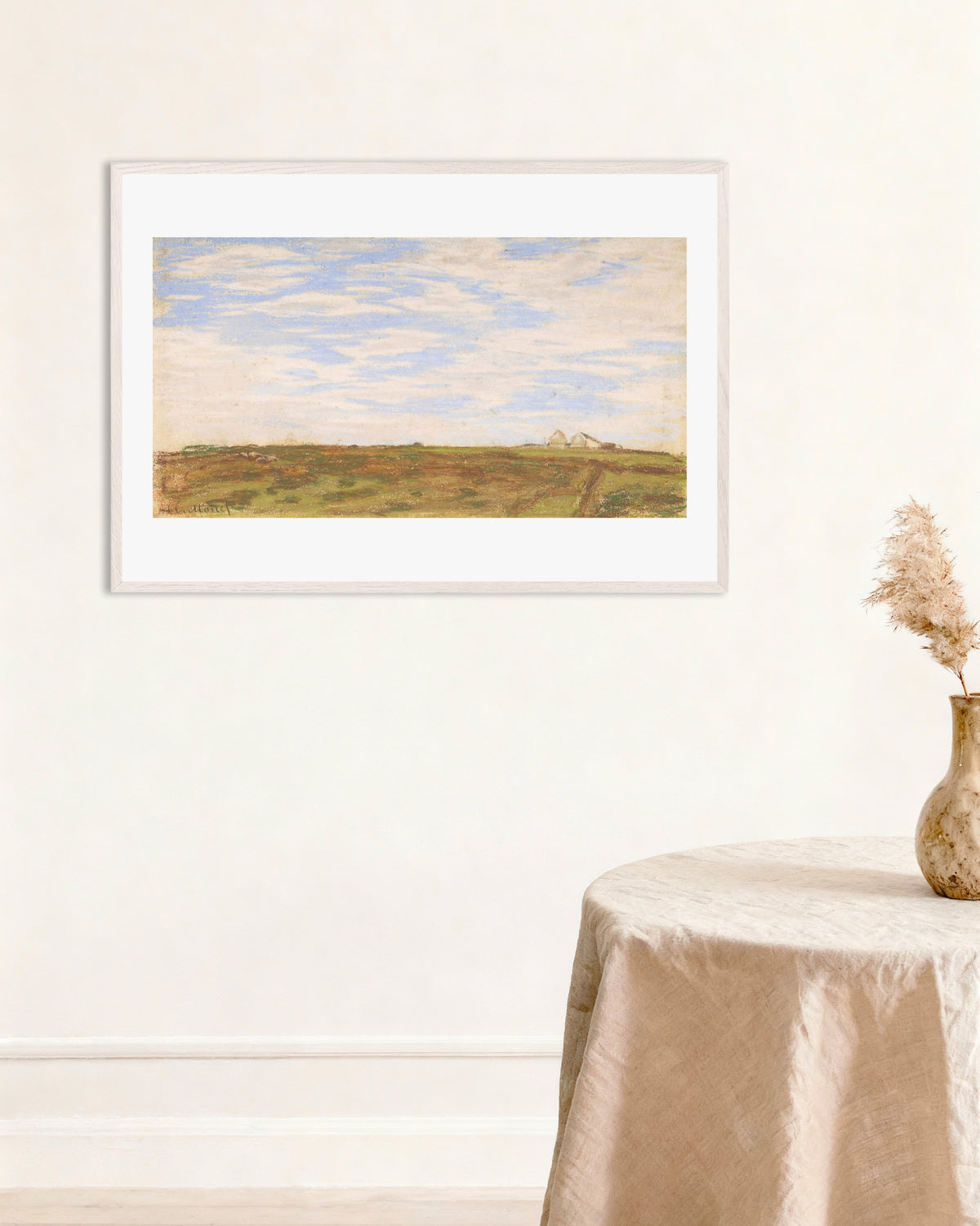 Claude Monet’n Maisema (1864–1866) -juliste valkoisessa puukehyksessä