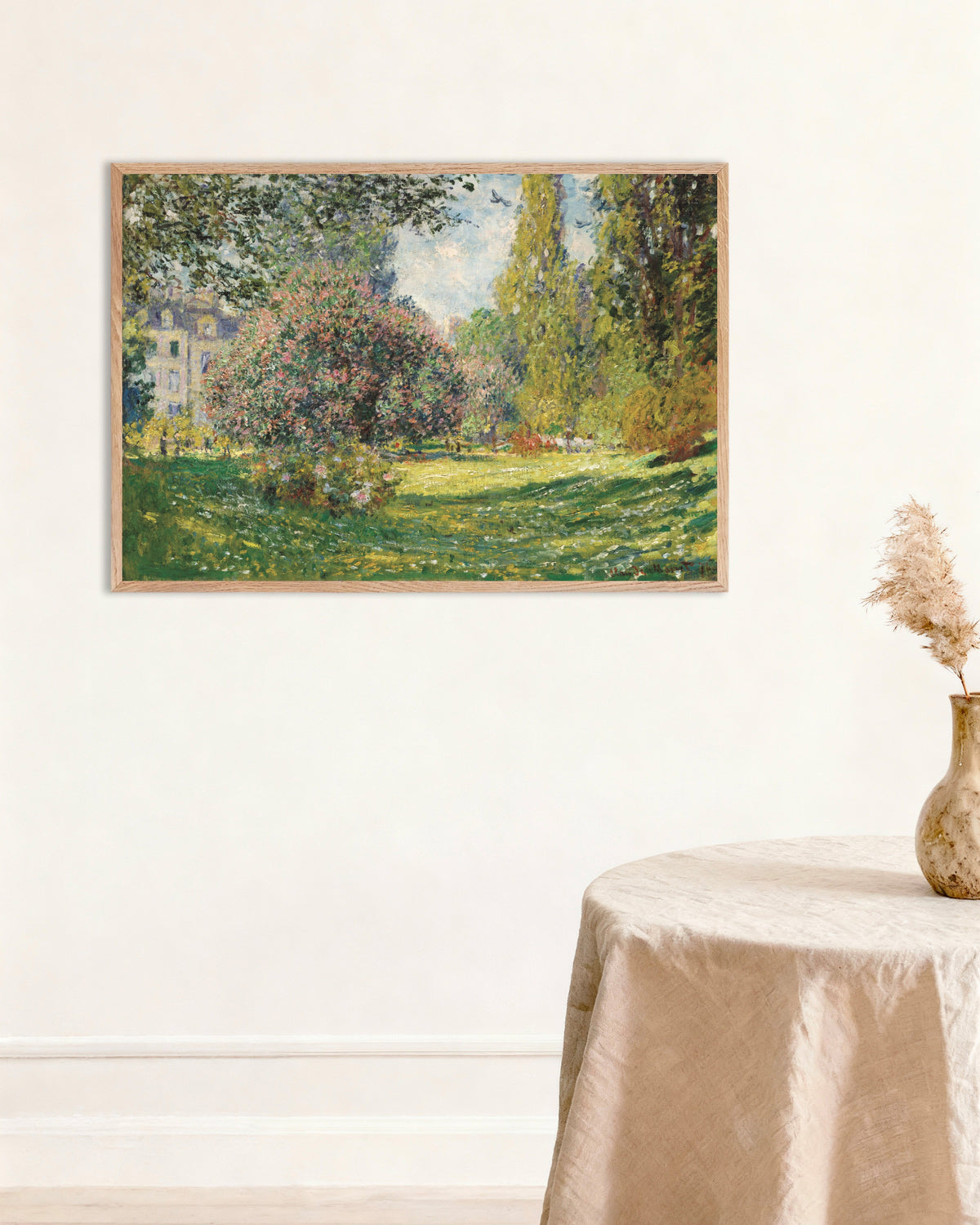 Claude Monet’n Maisema, Parc Monceau (1876) -juliste luonnonvärisessä puukehyksessä