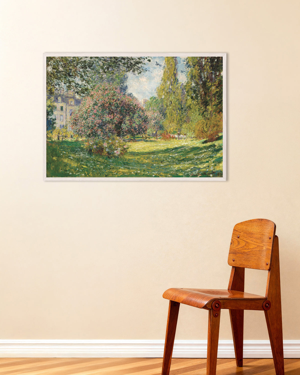 Claude Monet’n Maisema, Parc Monceau (1876) -juliste valkoisessa puukehyksessä