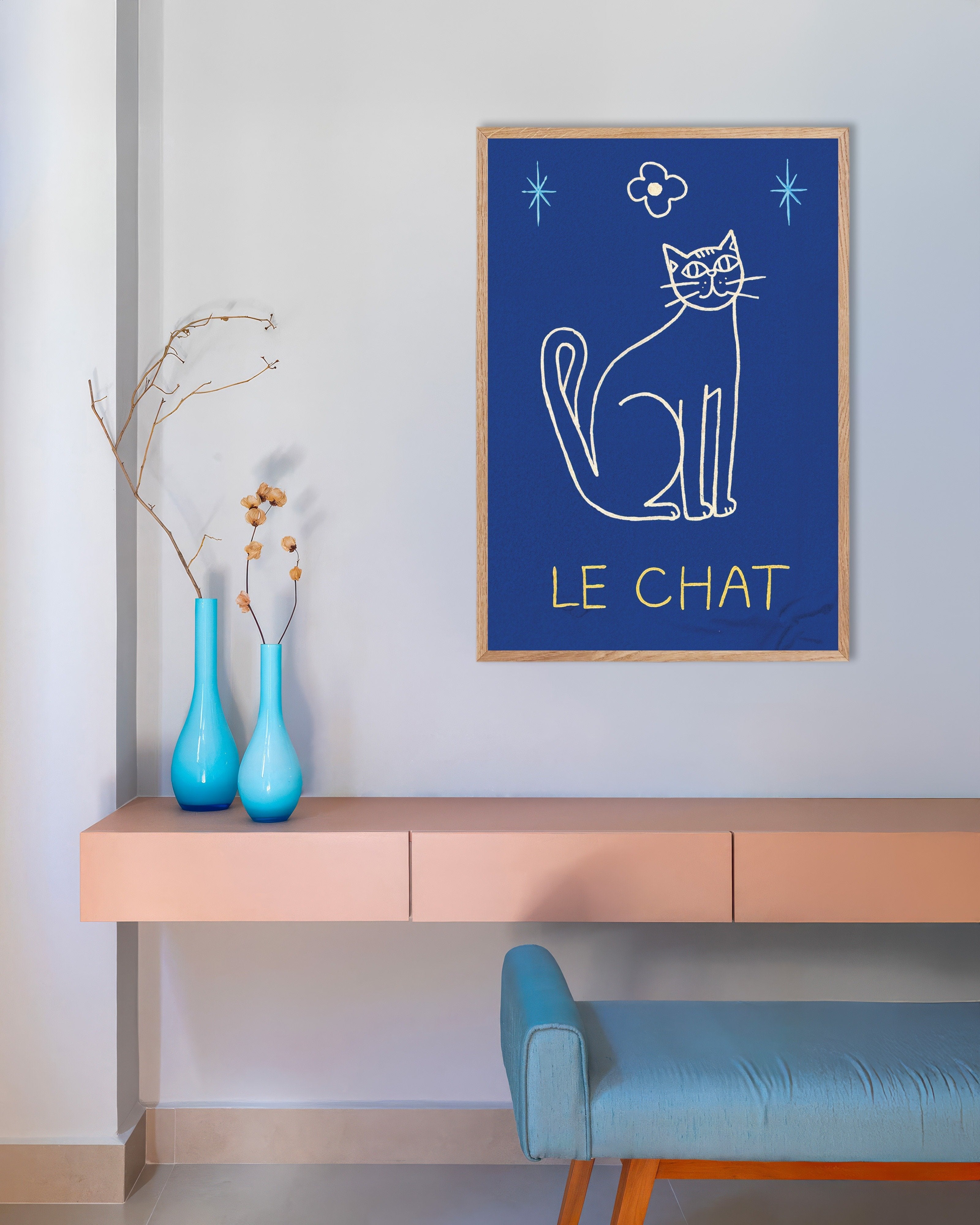 Poster of Le Chat - Blue Line Art Cat Poster, with natural wooden frame