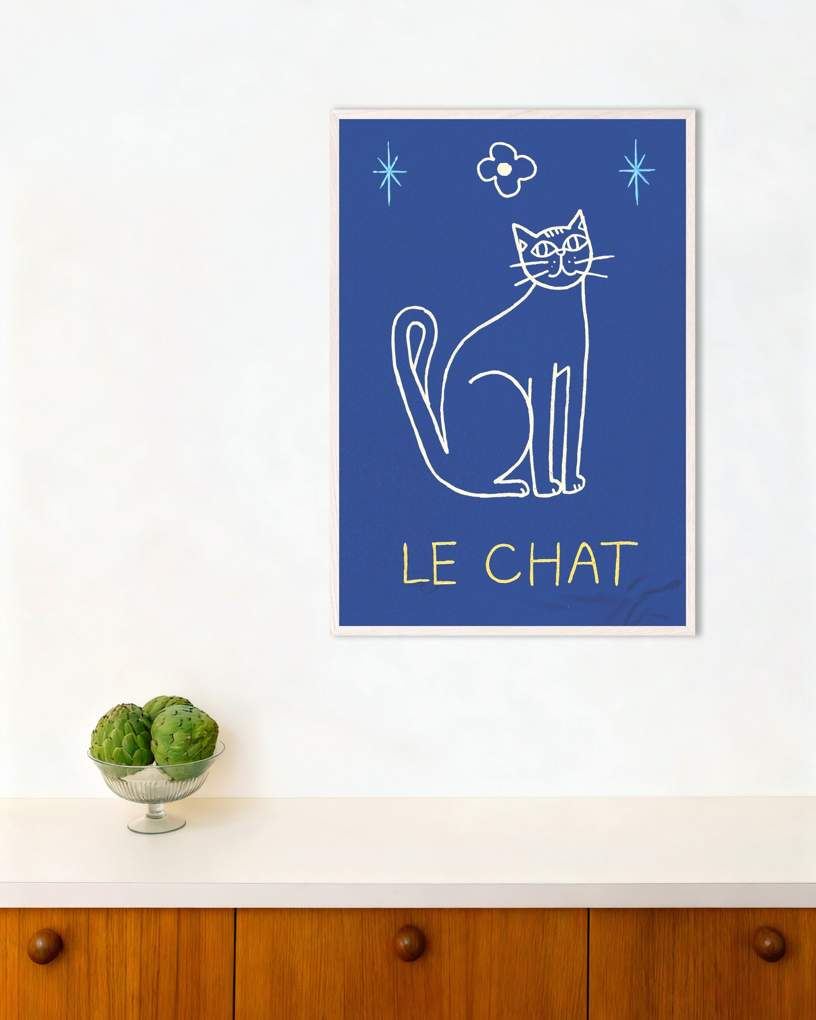 Poster of Le Chat - Blue Line Art Cat Poster, with white wooden frame