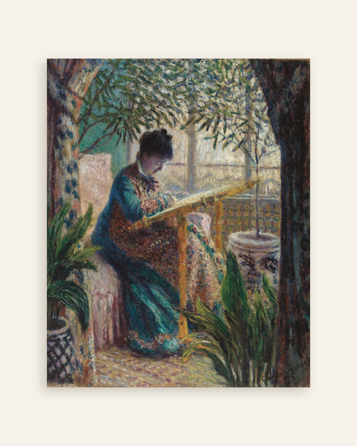 Claude Monet’n Madame Monet kirjailemassa (1875) -juliste, pienoiskuva