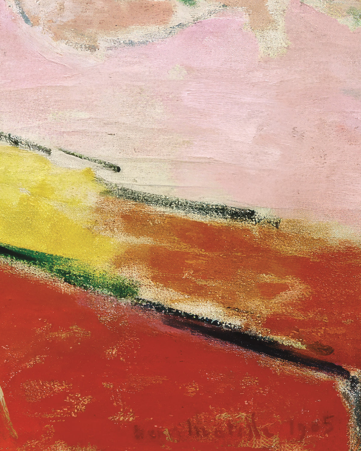 Henri Matissen abstrakti pastelliteos, jossa on teksturoituja siveltimenvetoja vaaleanpunaisella, keltaisella, oranssinpunaisella, vihreällä ja mustalla. Alareunassa näkyy taiteilijan signeeraus ”Henri Matisse”.