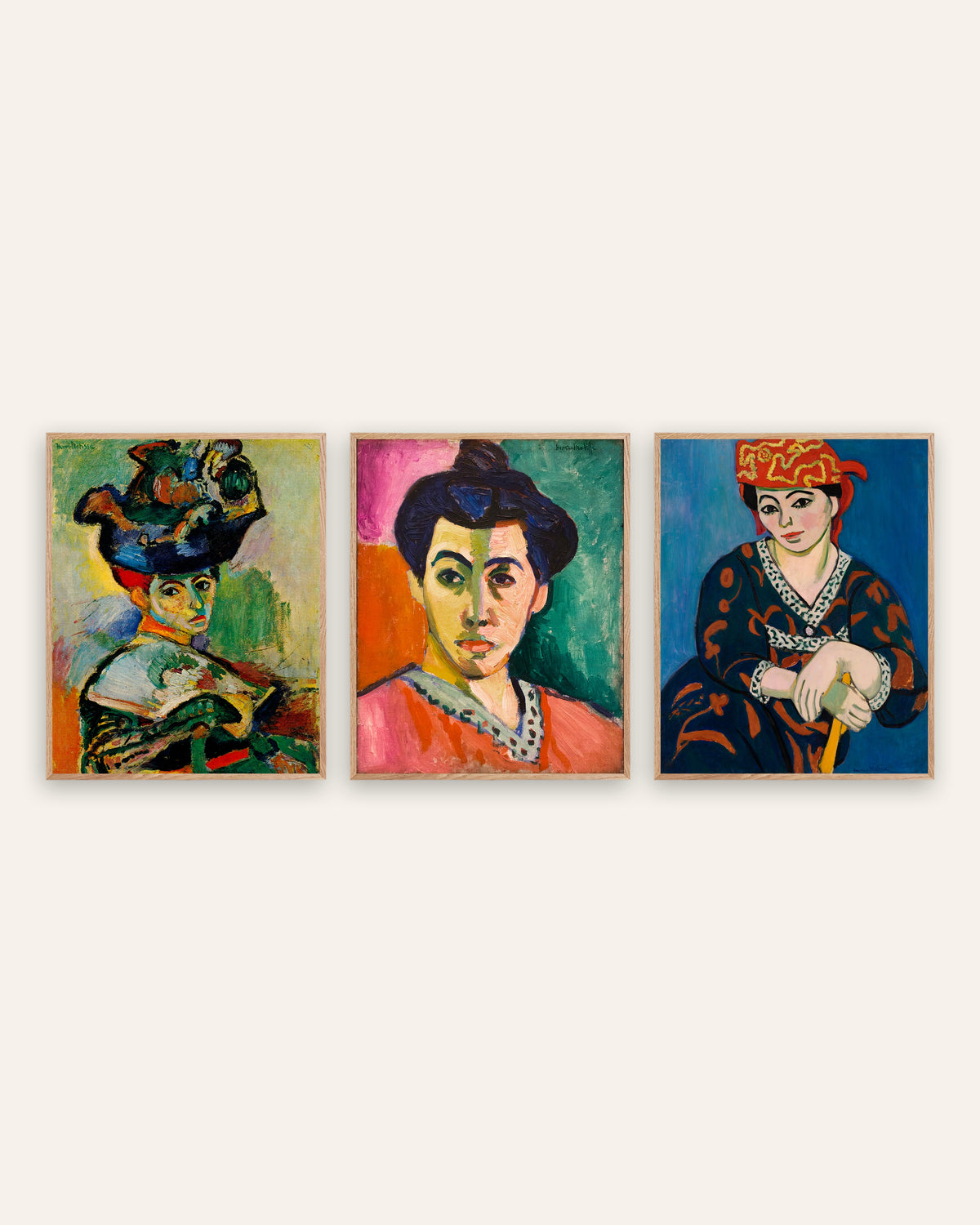 Matisse-julisteet, 3 kpl setti fauvistisia muotokuvia: Nainen ja hattu, Madame Matisse ja Punainen madras-päähine, luonnontammikehyksissä