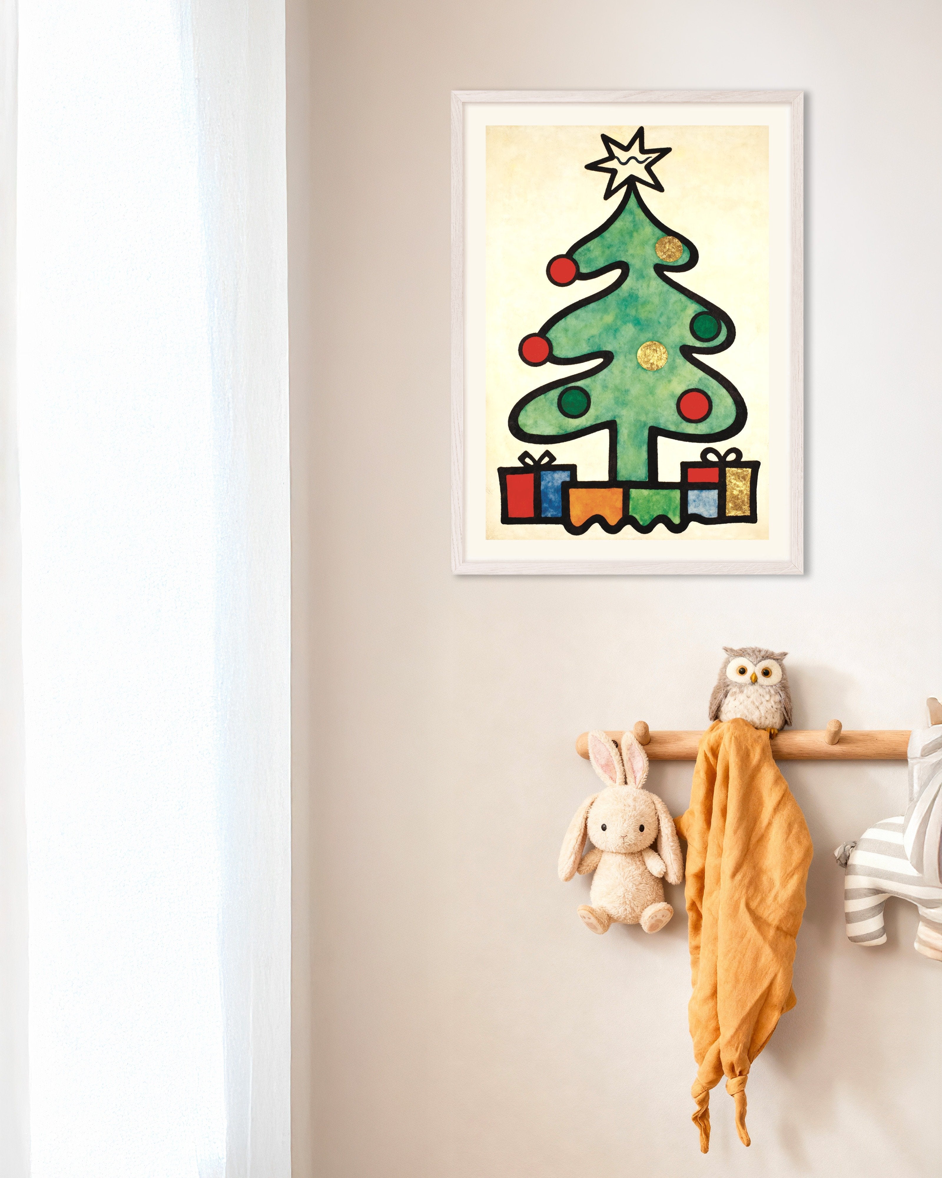Poster of Modern Christmas tree art print, with white wooden frame