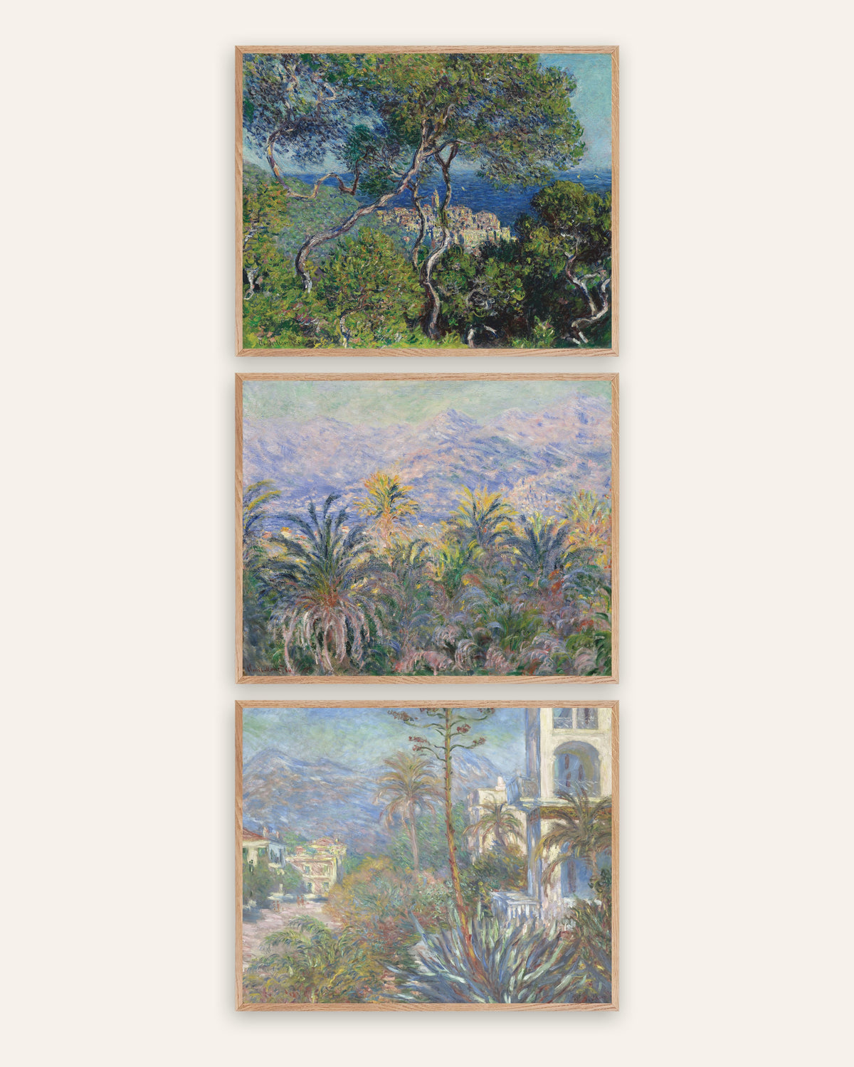 Monet Bordighera-julisteet, 3 kpl setti: männyt, palmut ja huvilat, luonnontammikehyksissä