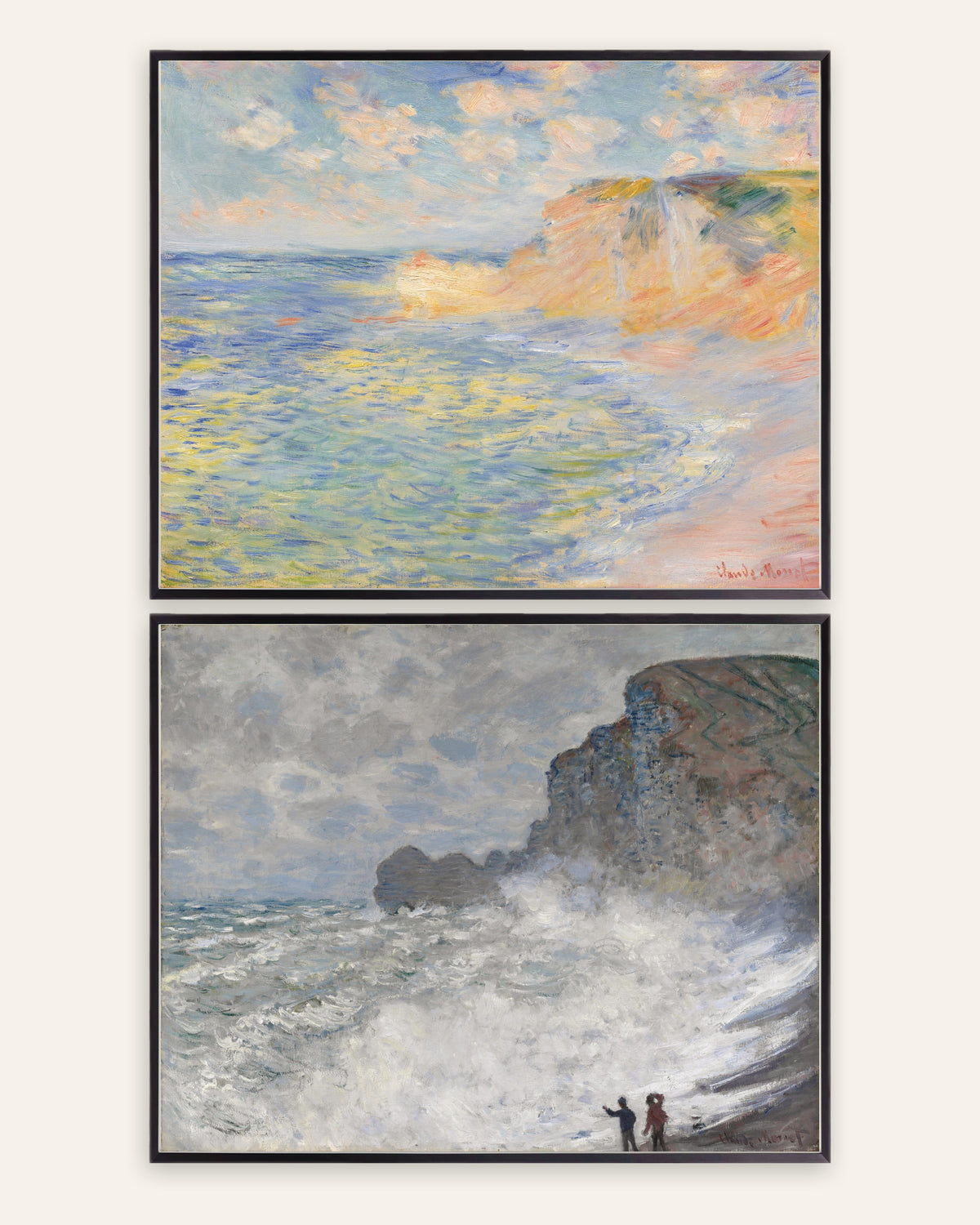 Monet Étretat-julisteet, 2 kpl setti: Falaise d’Amont ja myrsky, mustissa metallikehyksissä