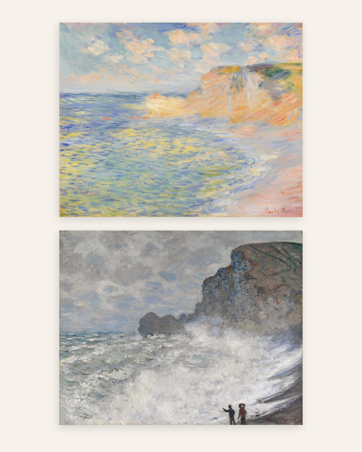 Monet Étretat-julisteet, 2 kpl setti: Falaise d’Amont ja myrsky, ilman kehystä