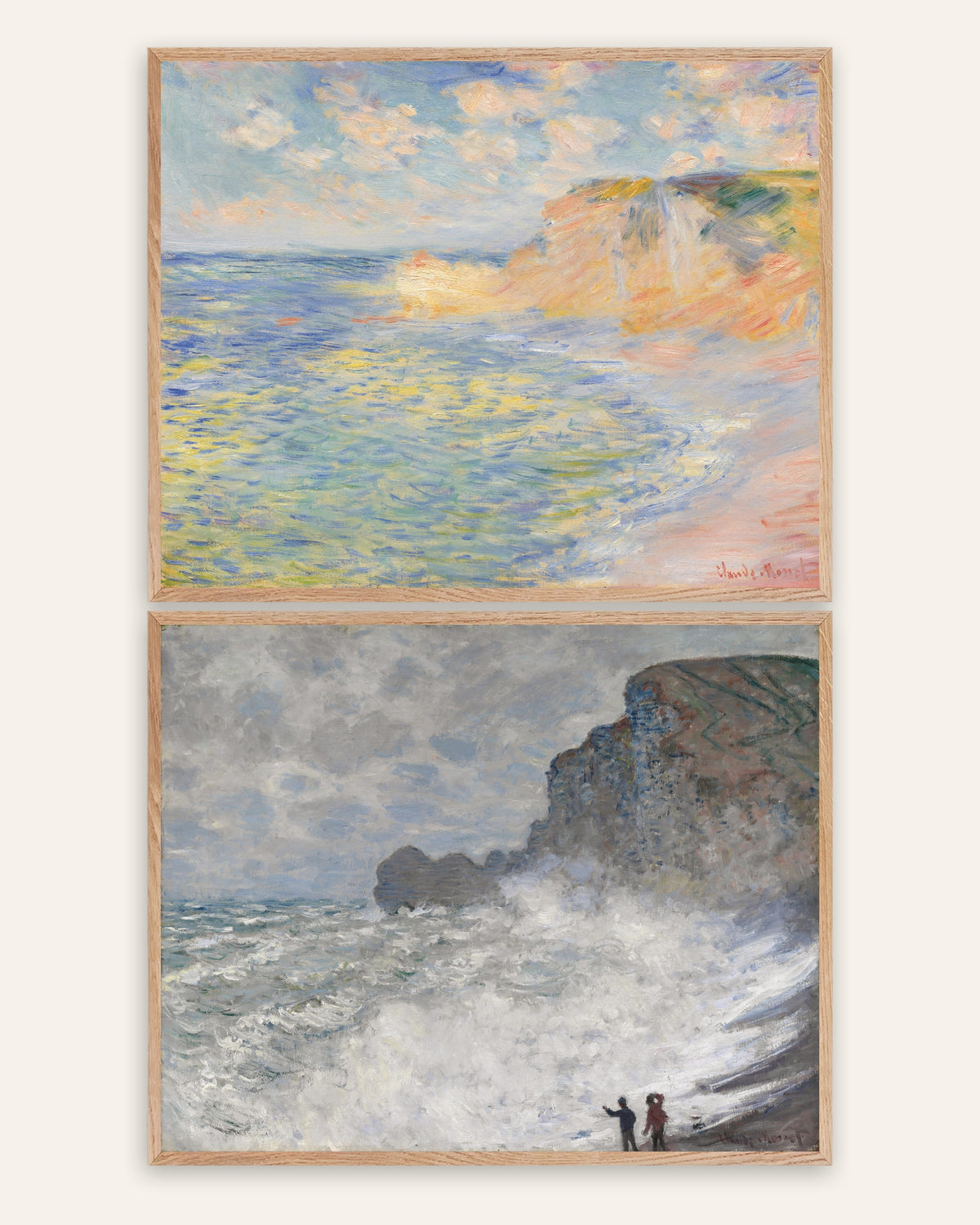 Monet Étretat-julisteet, 2 kpl setti: Falaise d’Amont ja myrsky, luonnontammikehyksissä