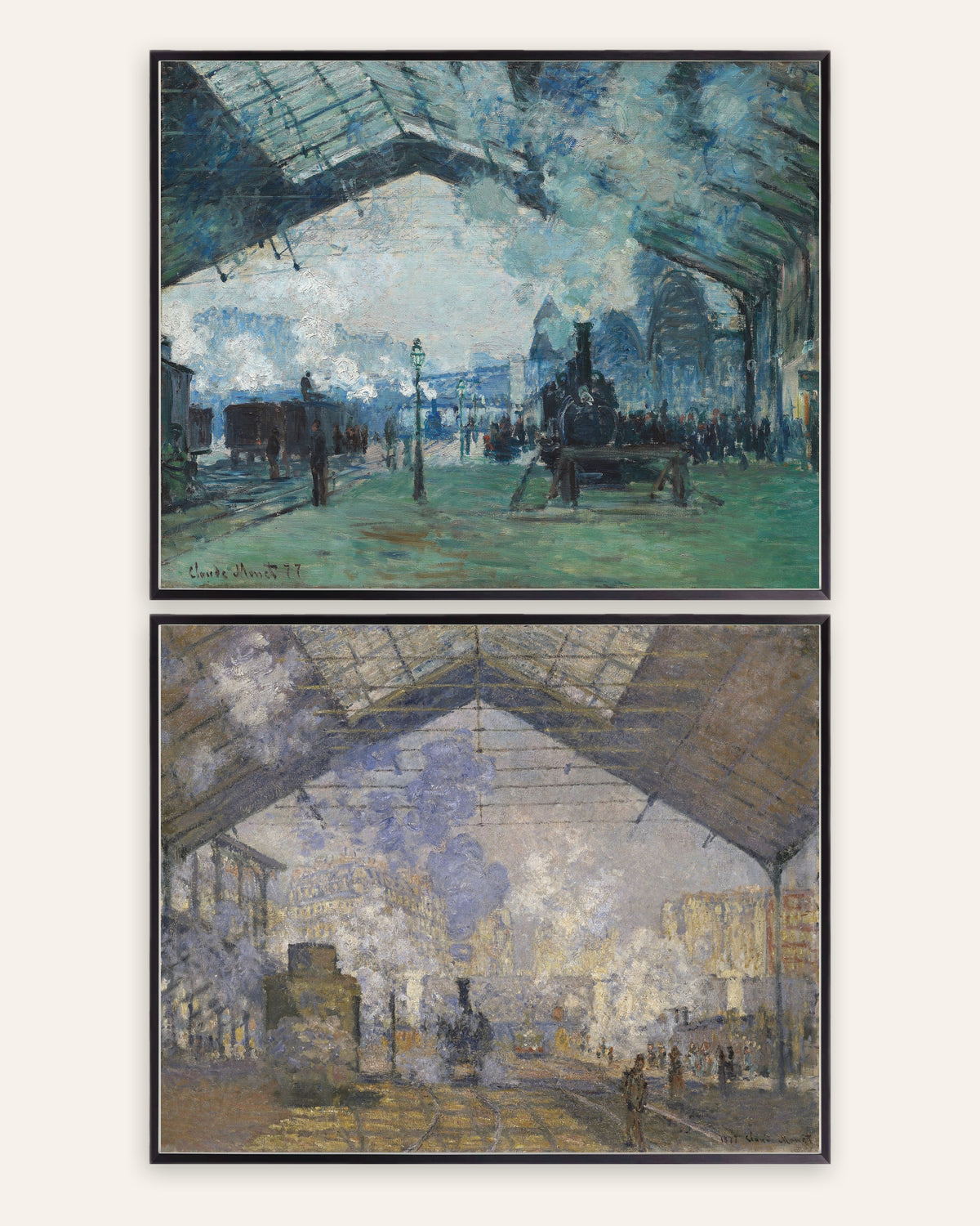 Monet Gare Saint-Lazare -julisteet, 2 kpl setti: höyry ja junat, mustissa metallikehyksissä
