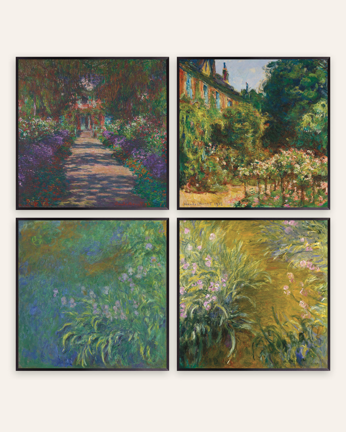 Monet Givernyn puutarha -julisteet, 4 kpl setti: kuja, talo ja kurjenmiekat, mustissa metallikehyksissä