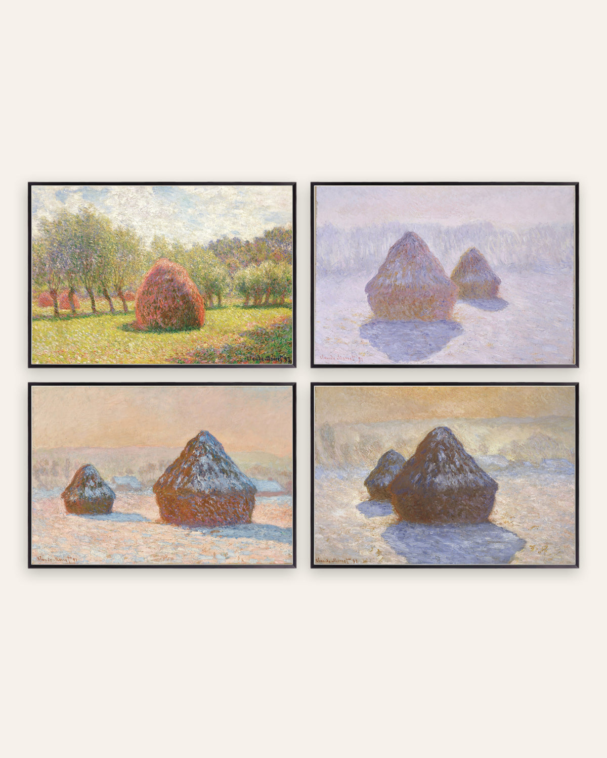Monet Heinäsuovat-julisteet, 4 kpl setti: kesästä lumeen, mustissa metallikehyksissä