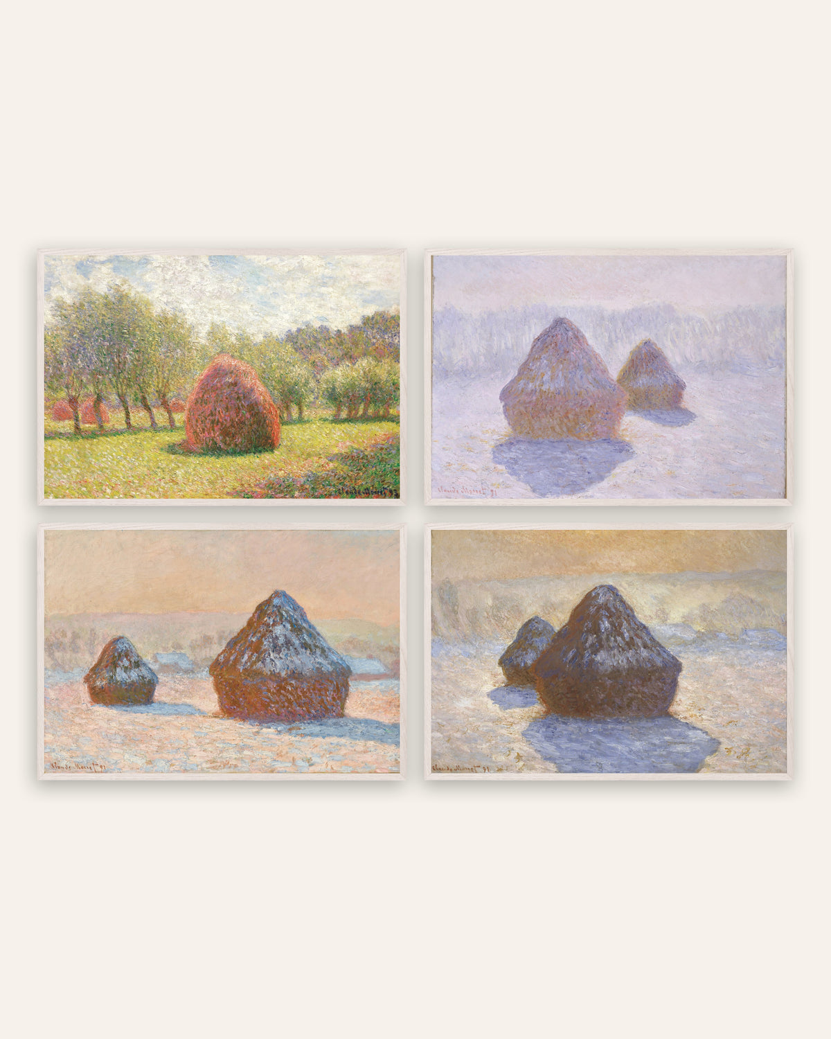 Monet Heinäsuovat-julisteet, 4 kpl setti: kesästä lumeen, valkoisissa tammikehyksissä