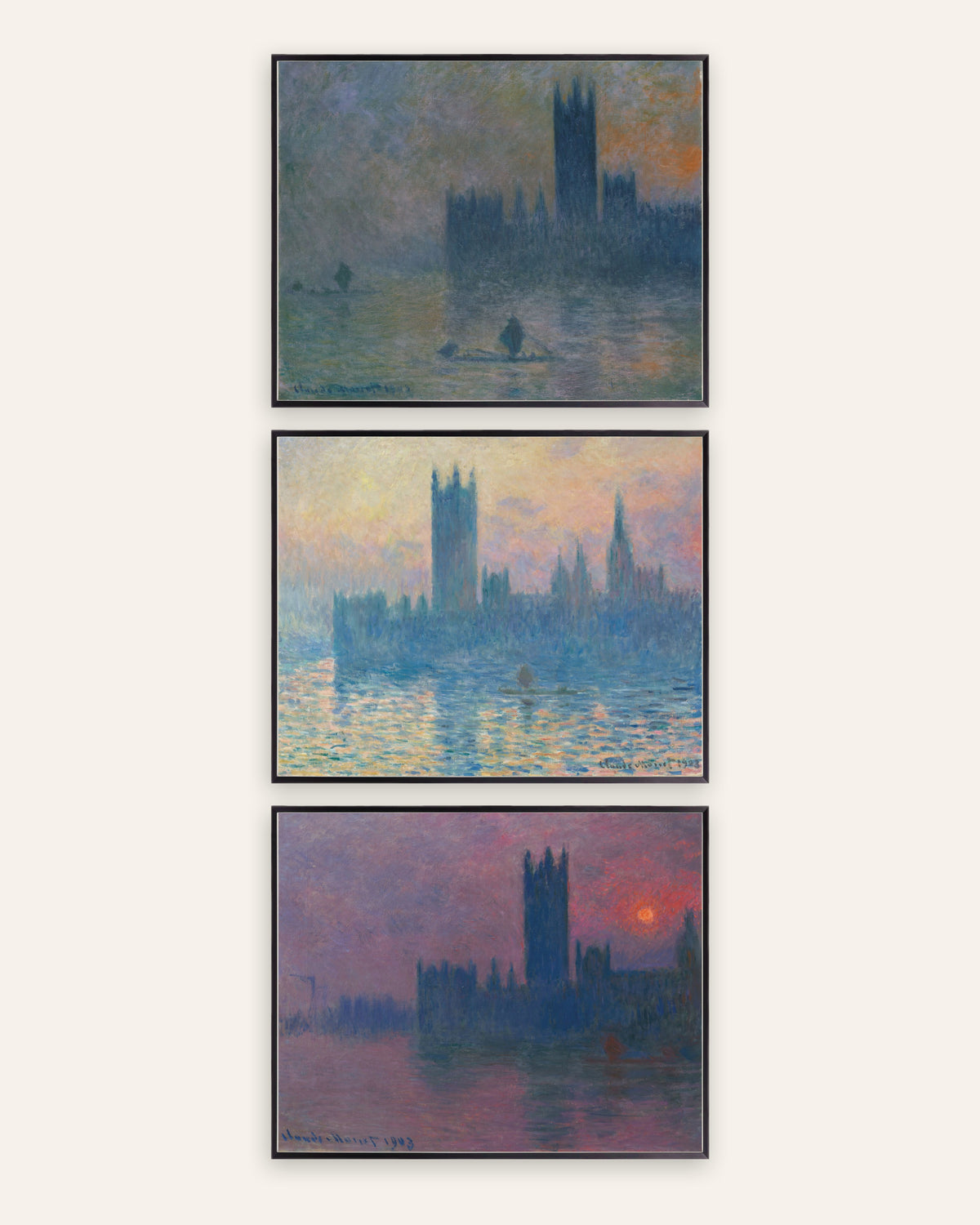 Monet Parlamenttitalo-julisteet, 3 kpl setti: sumu ja auringonlasku, mustissa metallikehyksissä