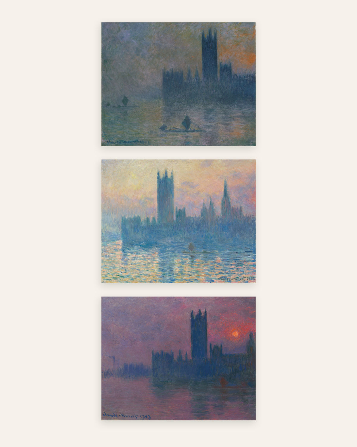 Monet Parlamenttitalo-julisteet, 3 kpl setti: sumu ja auringonlasku, ilman kehystä