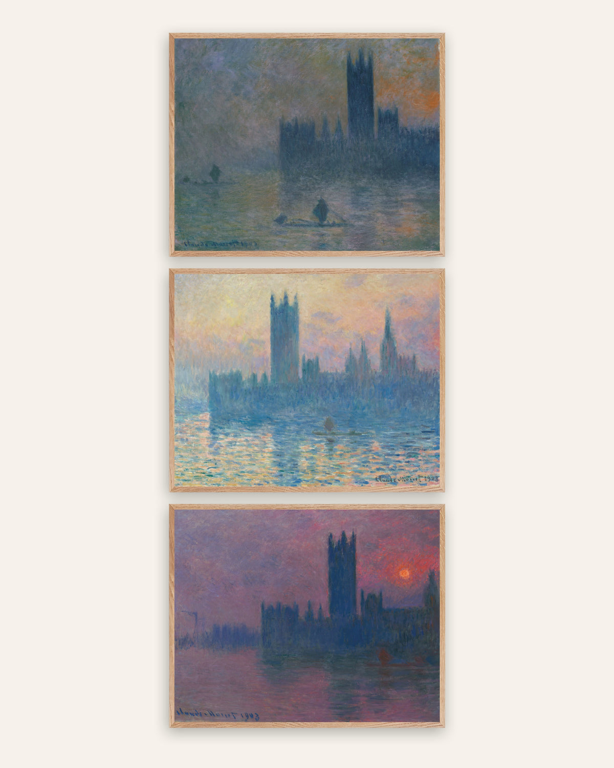 Monet Parlamenttitalo-julisteet, 3 kpl setti: sumu ja auringonlasku, luonnontammikehyksissä