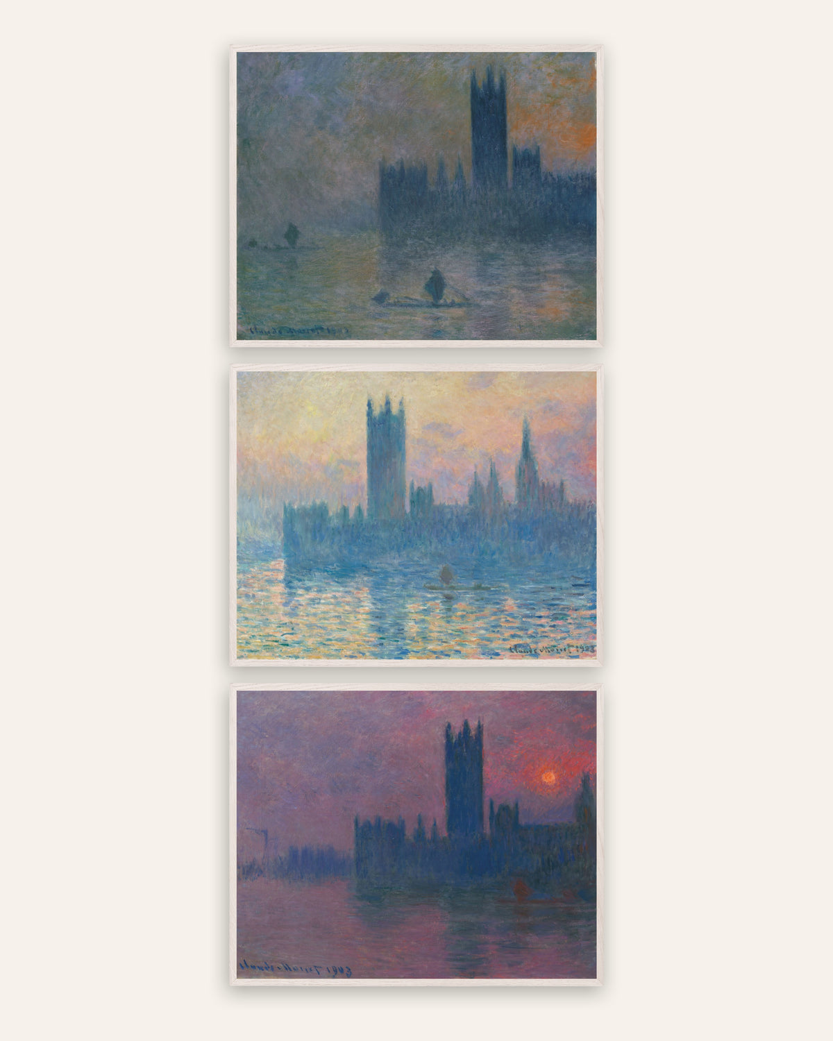 Monet Parlamenttitalo-julisteet, 3 kpl setti: sumu ja auringonlasku, valkoisissa tammikehyksissä