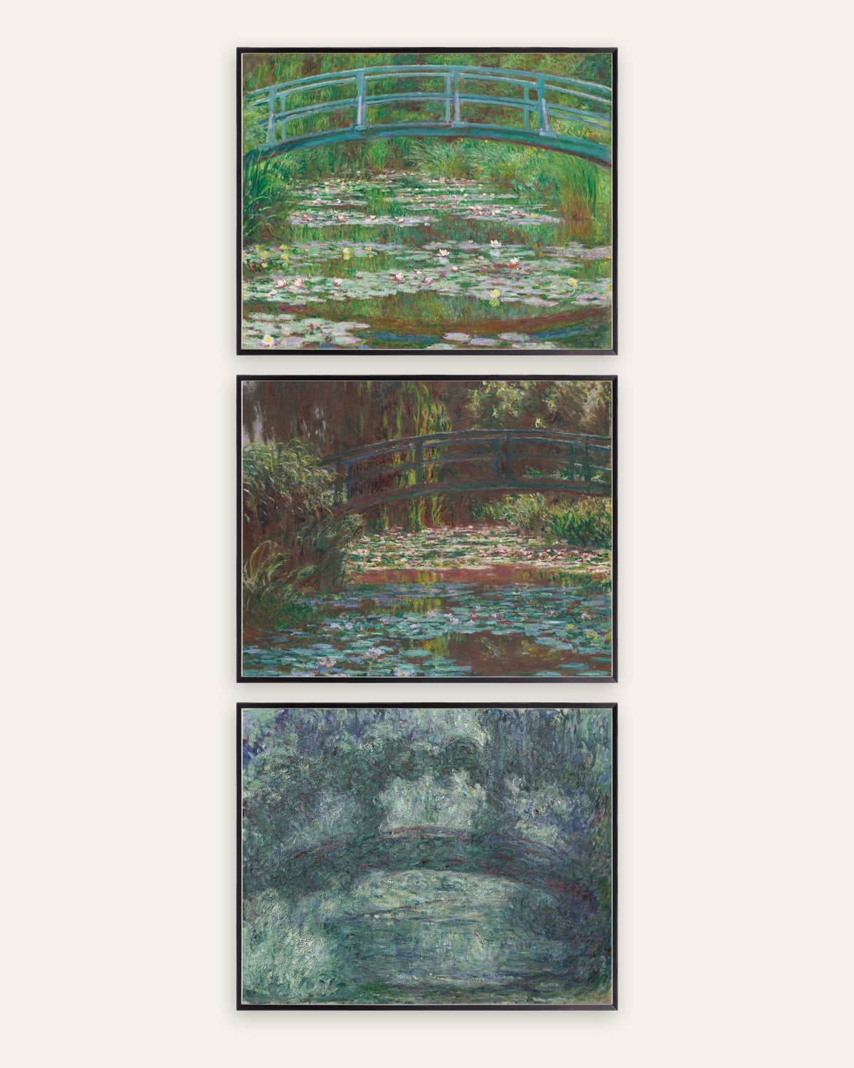 Monet Japanilainen silta -julisteet, 3 kpl setti: Giverny 1899–1924, mustissa metallikehyksissä