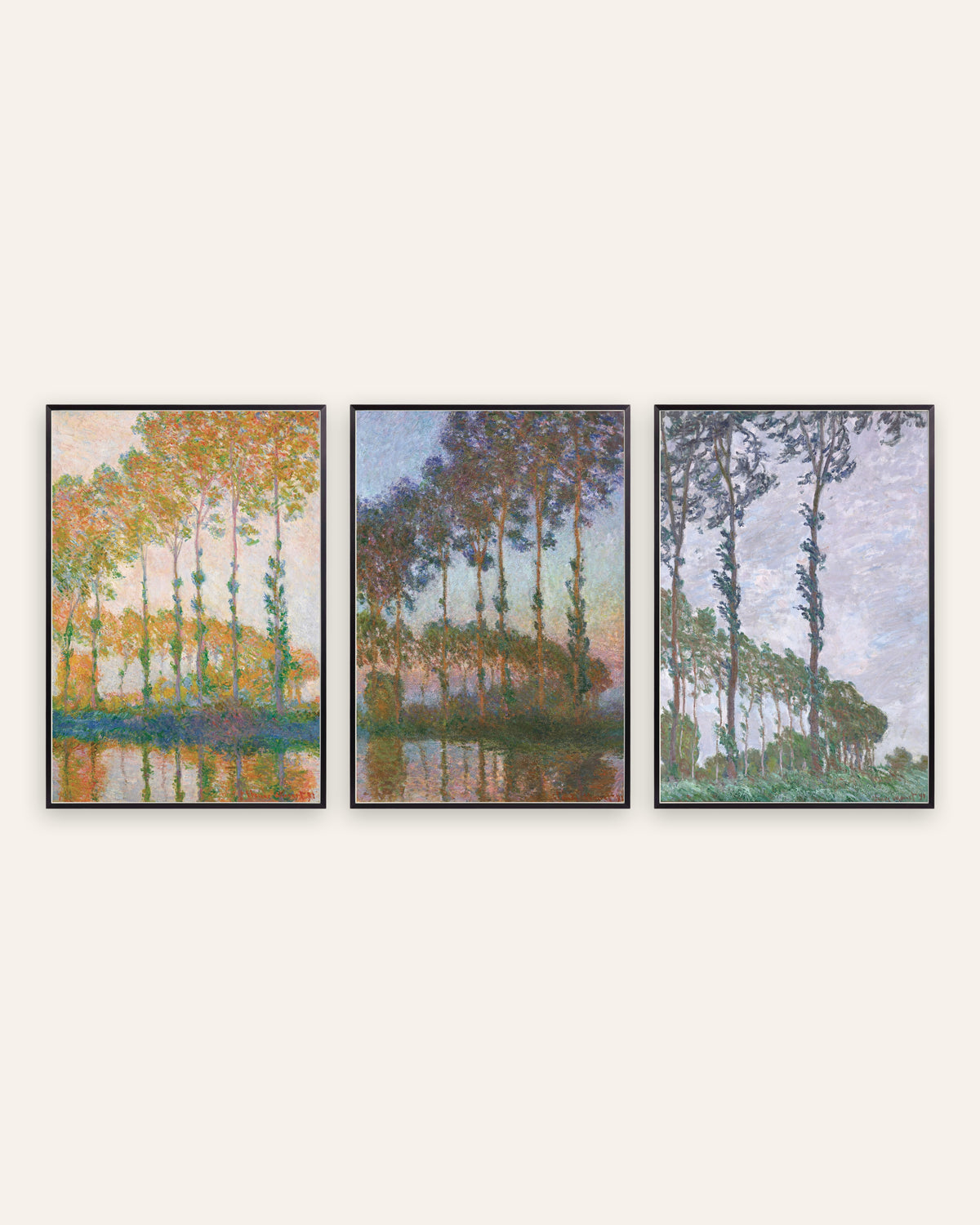 Monet Poppelit-julisteet, 3 kpl setti: syksy, hämärä ja tuuli, mustissa metallikehyksissä