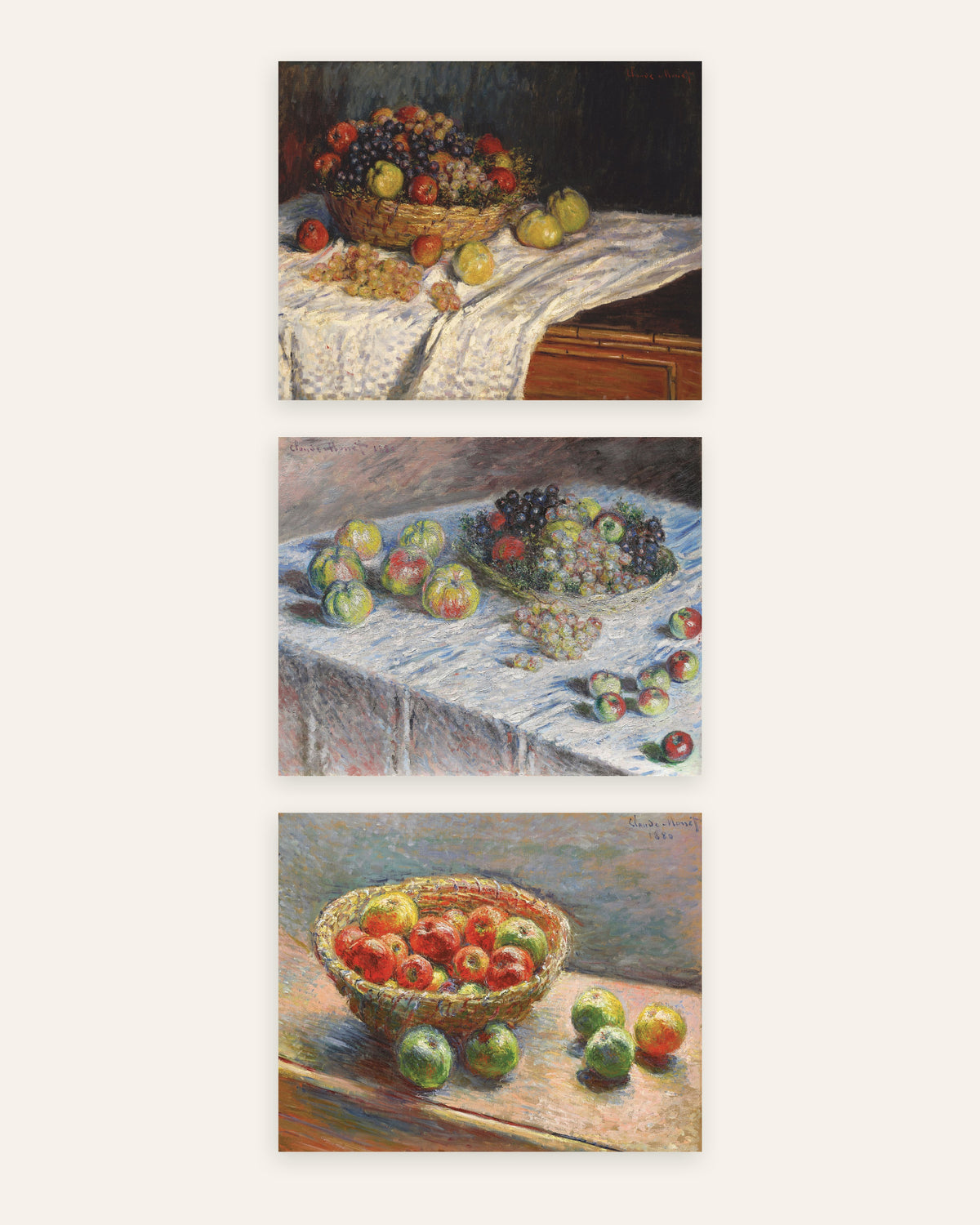 Monet Asetelma-julisteet, 3 kpl setti: omenat, viinirypäleet ja kori, ilman kehystä