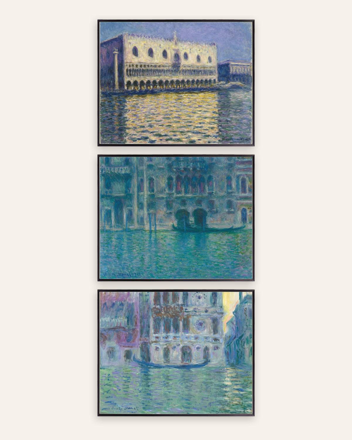 Monet Venetsia-julisteet, 3 kpl setti: Dogepalatsi, da Mula ja Dario, mustissa metallikehyksissä