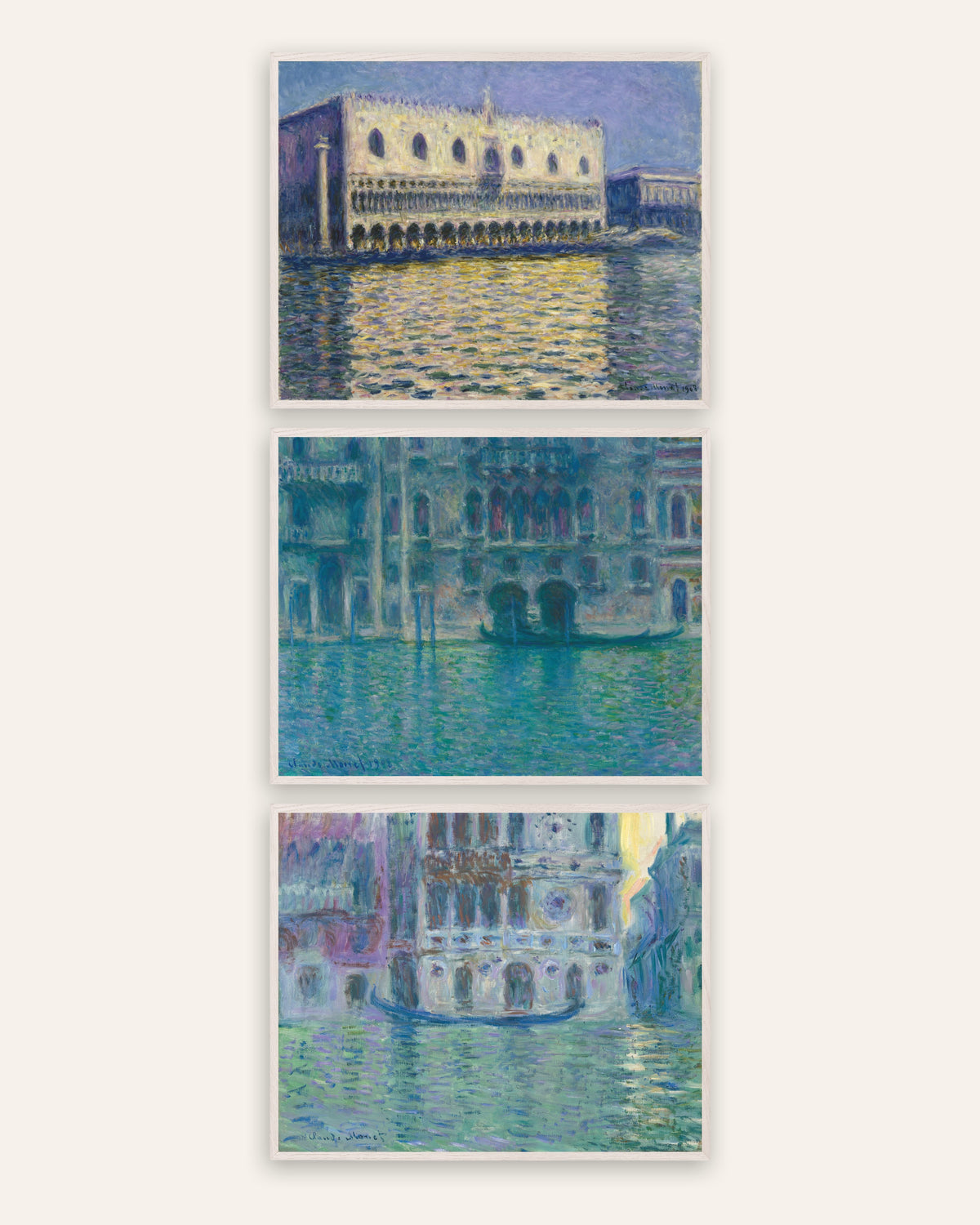Monet Venetsia-julisteet, 3 kpl setti: Dogepalatsi, da Mula ja Dario, valkoisissa tammikehyksissä