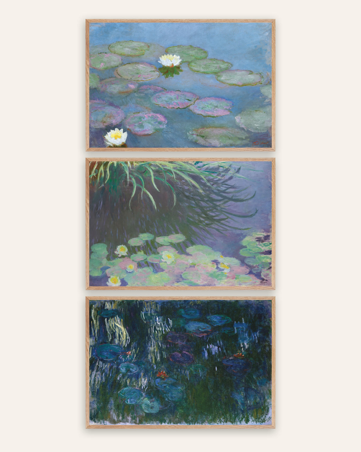 Monet Lumpeet-julisteet, 3 kpl setti: varhaiset ja myöhäiset panoraamat, luonnontammikehyksissä
