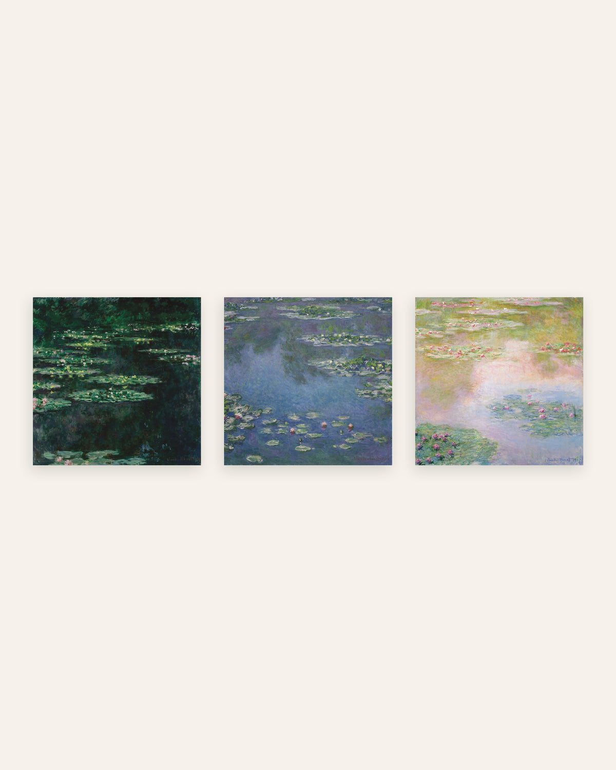 Monet Lumpeet-julisteet, 3 kpl setti: neliönmuotoiset lampinäkymät, ilman kehystä