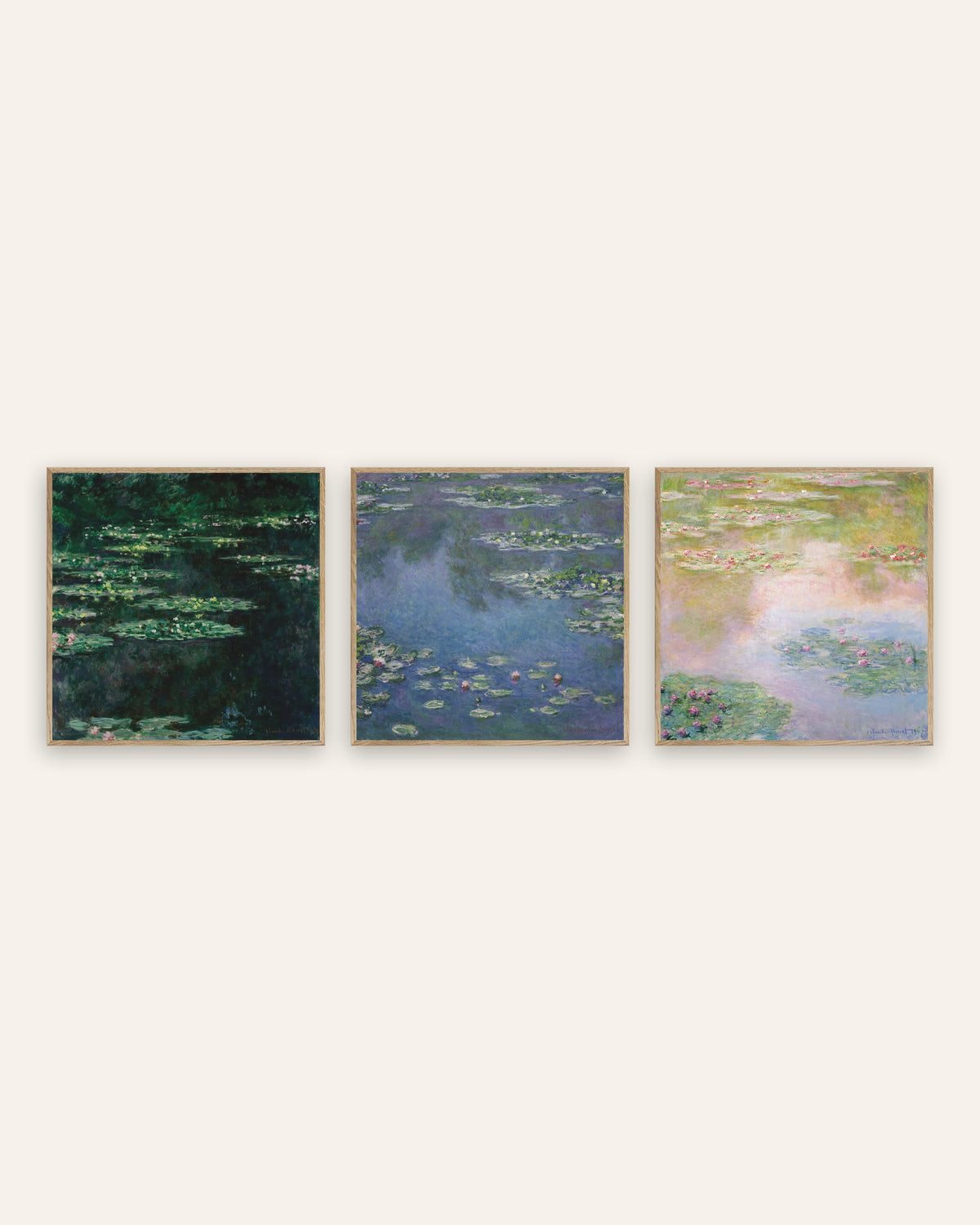 Monet Lumpeet-julisteet, 3 kpl setti: neliönmuotoiset lampinäkymät, luonnontammikehyksissä