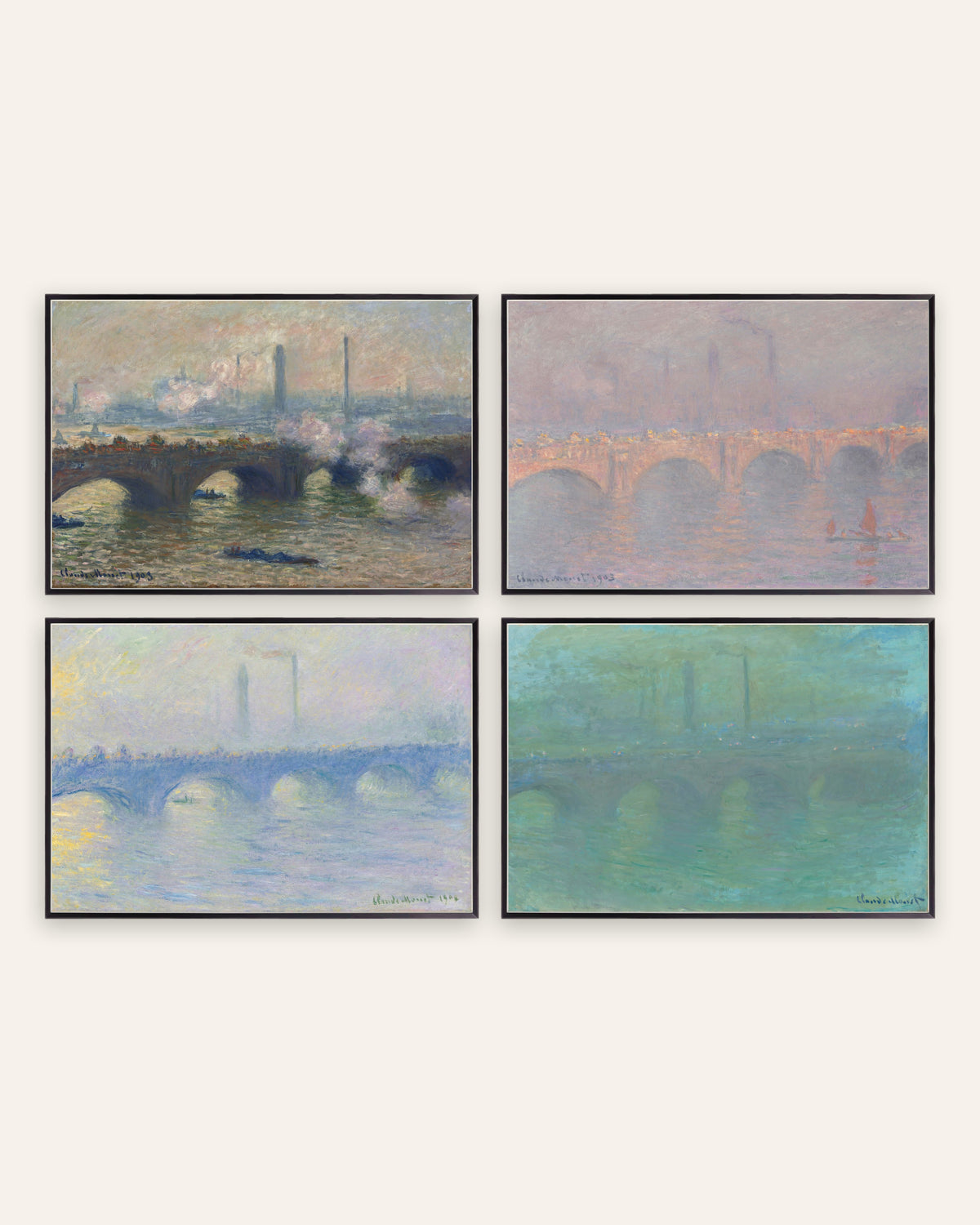 Monet Waterloo Bridge -julisteet, 4 kpl setti: harmaa, aurinko, usva, hämärä, mustissa metallikehyksissä