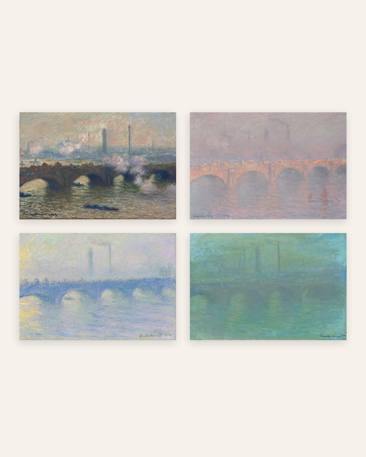 Monet Waterloo Bridge -julisteet, 4 kpl setti: harmaa, aurinko, usva, hämärä, ilman kehystä
