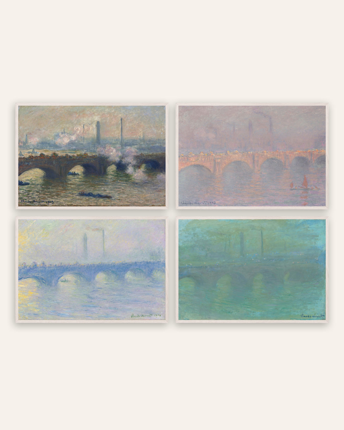Monet Waterloo Bridge -julisteet, 4 kpl setti: harmaa, aurinko, usva, hämärä, valkoisissa tammikehyksissä