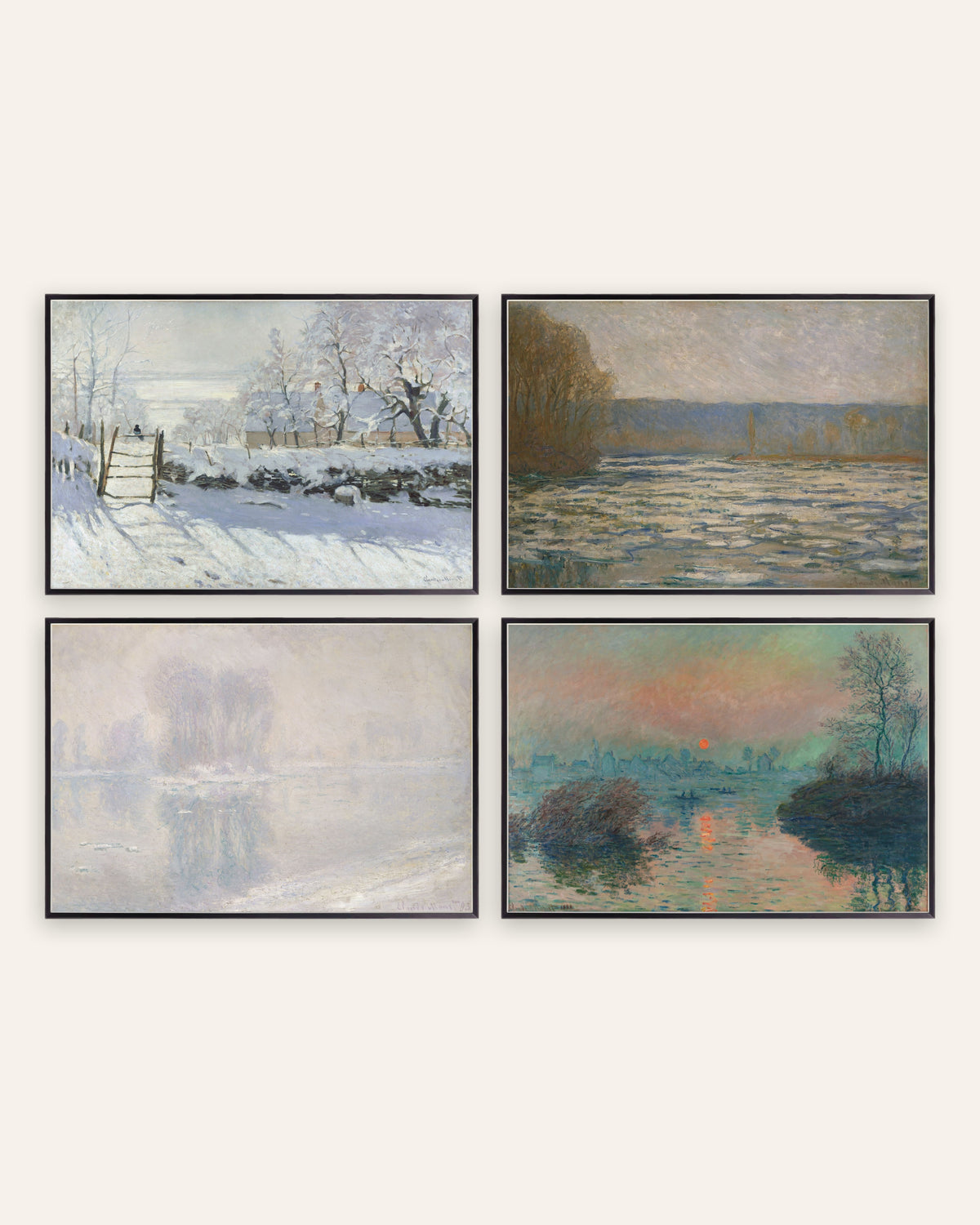 Monet Talvi-julisteet, 4 kpl setti: Harakka, jää ja talven auringonlasku, mustissa metallikehyksissä
