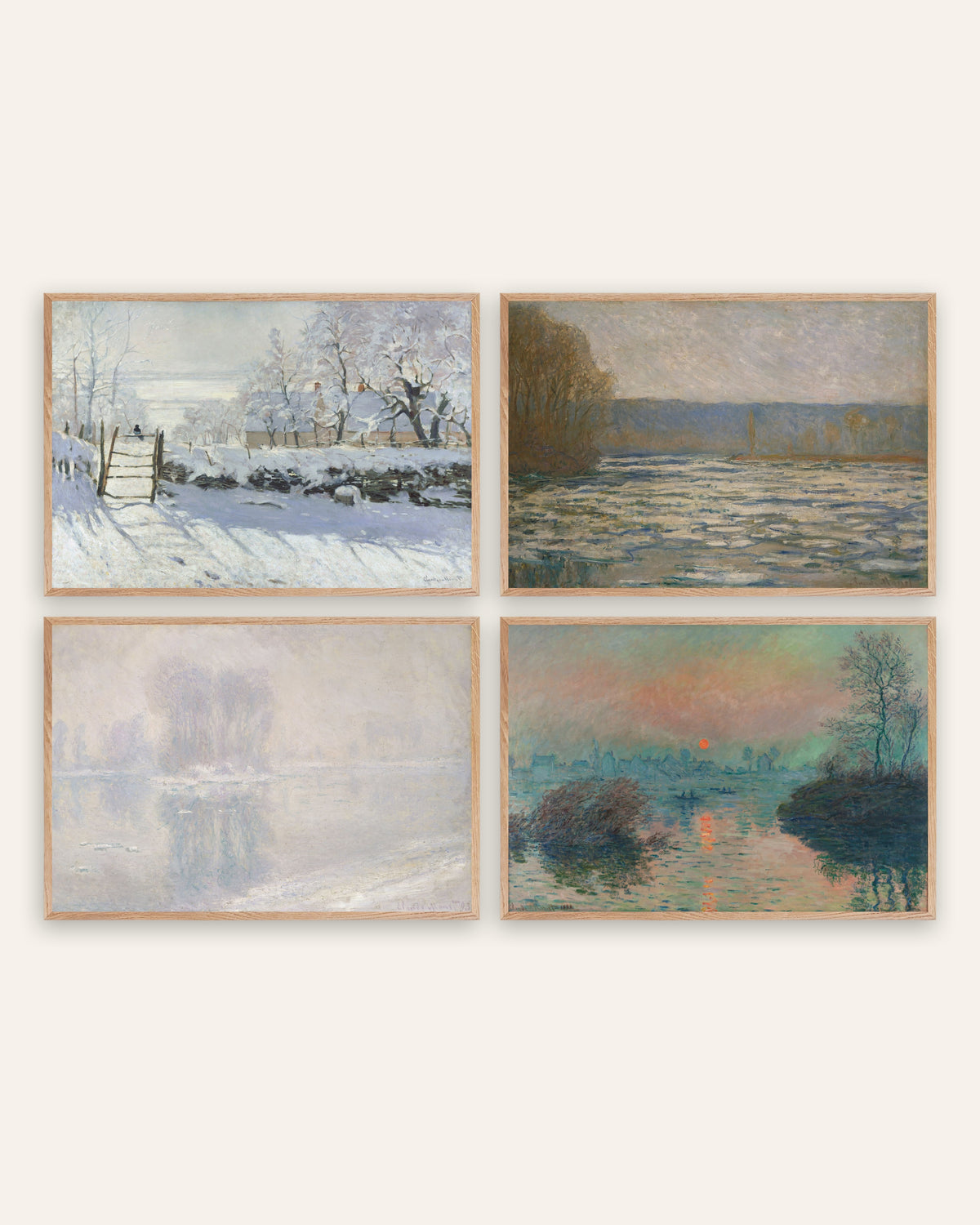 Monet Talvi-julisteet, 4 kpl setti: Harakka, jää ja talven auringonlasku, luonnontammikehyksissä