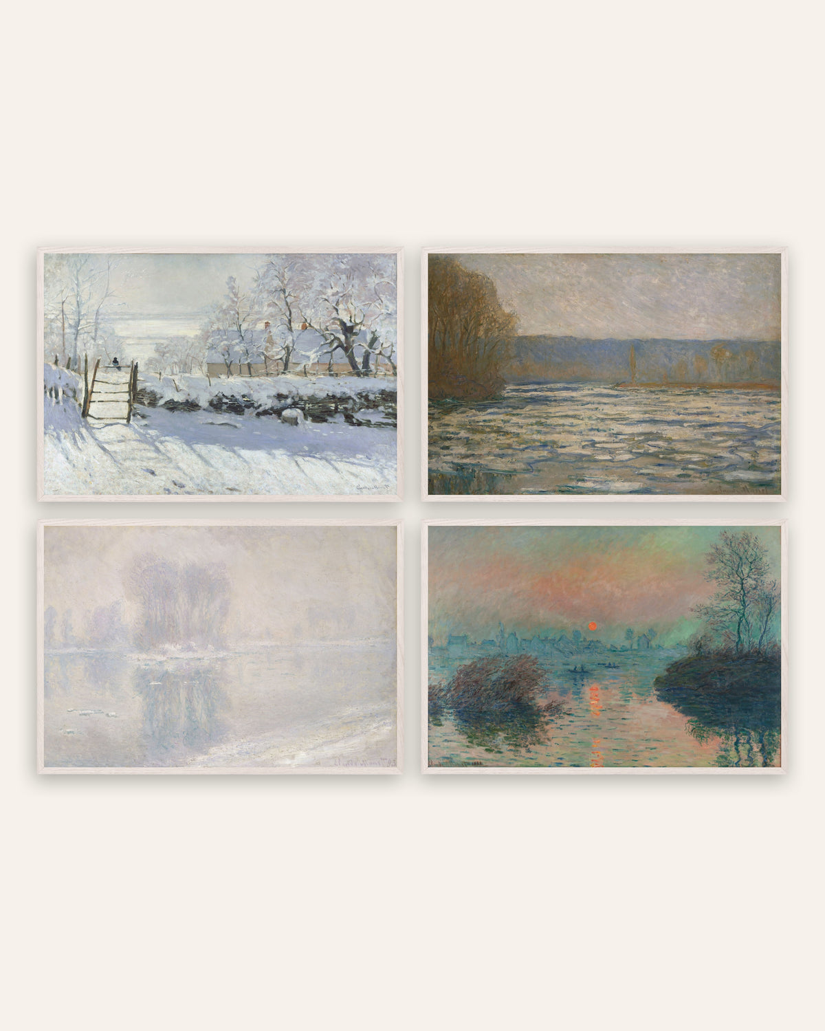 Monet Talvi-julisteet, 4 kpl setti: Harakka, jää ja talven auringonlasku, valkoisissa tammikehyksissä