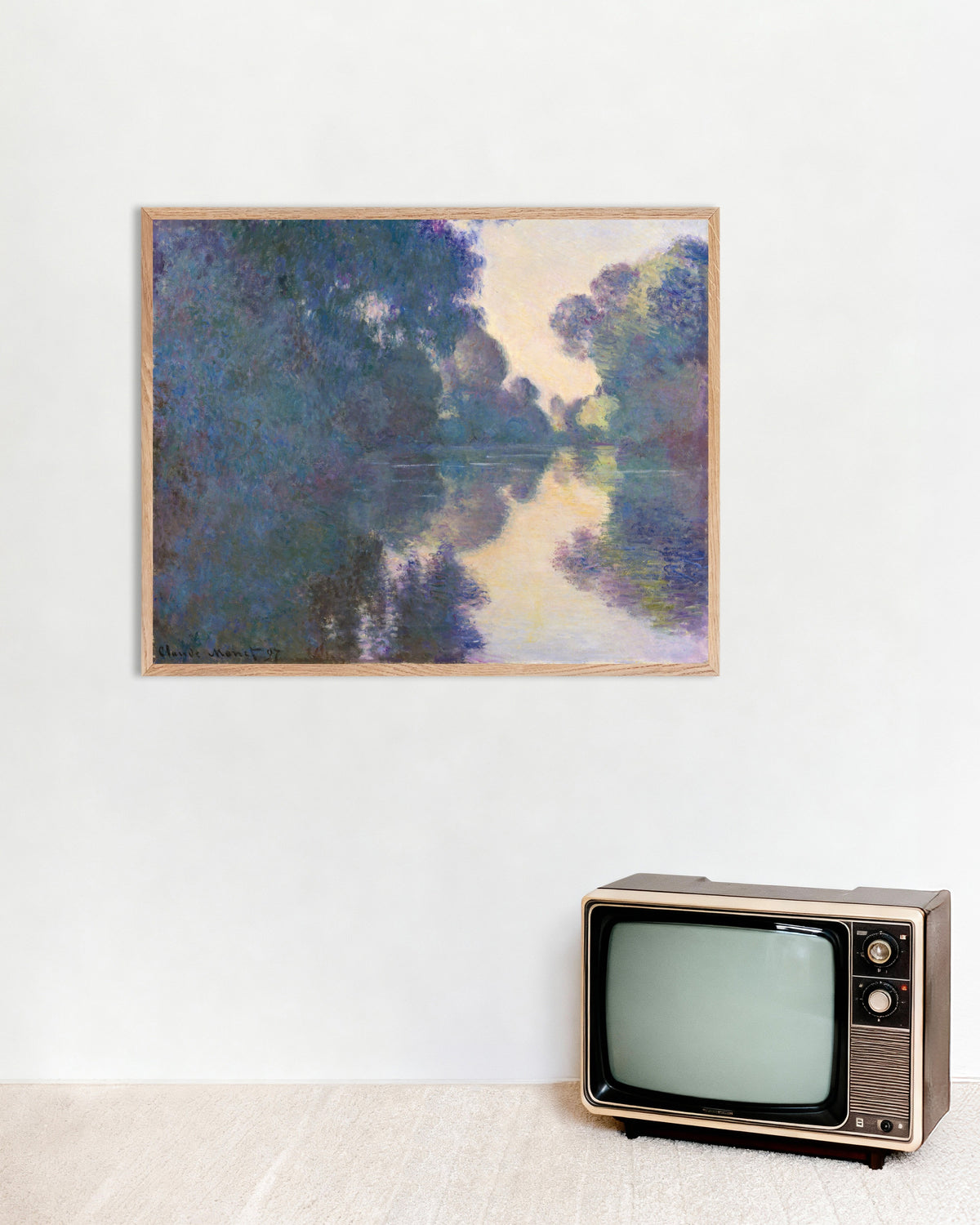 Claude Monet’n Aamu Seinellä Givernyn lähellä (1897) -juliste luonnonvärisessä puukehyksessä