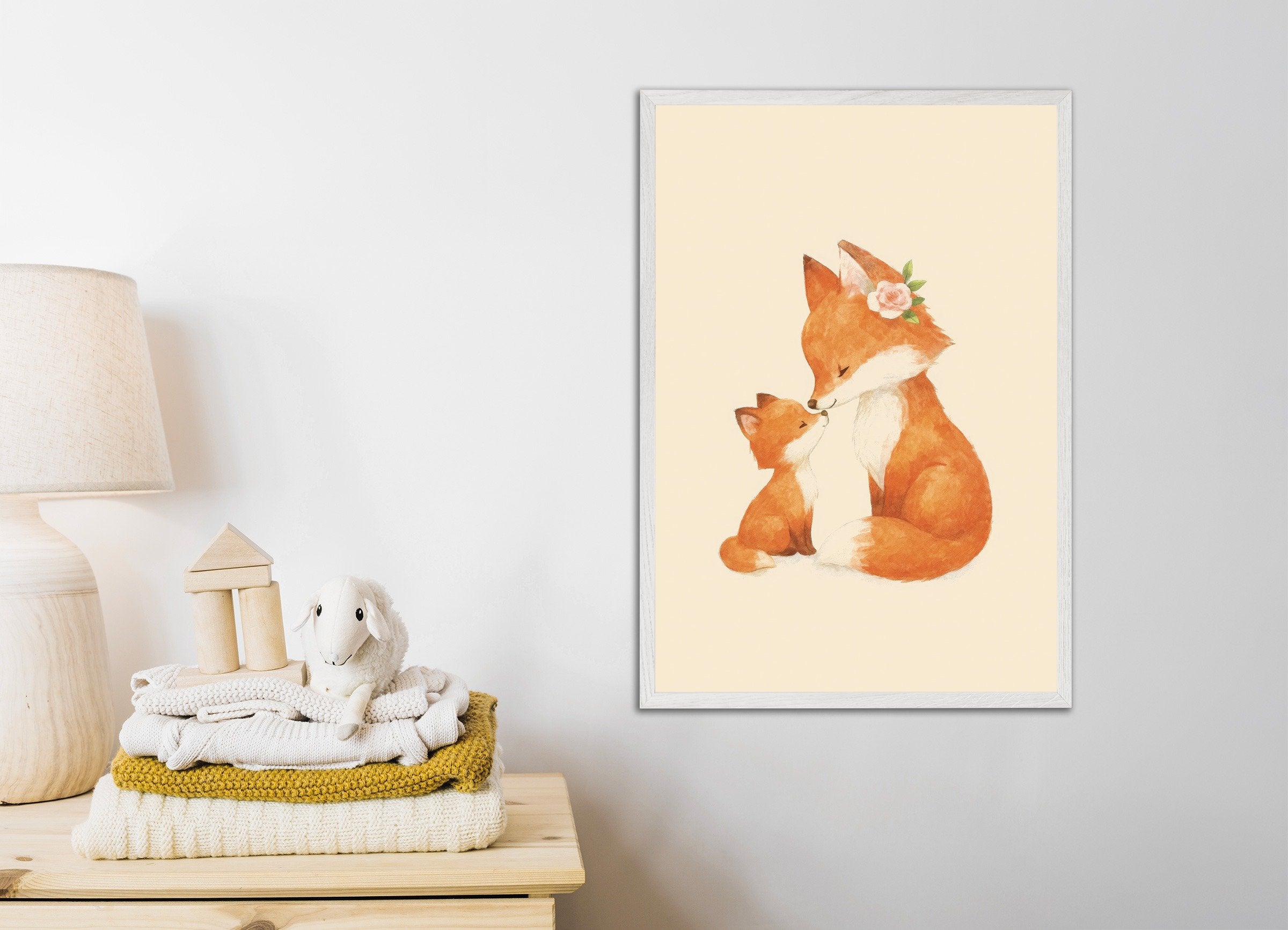 Poster of Mother and baby fox art print, with white wooden frame