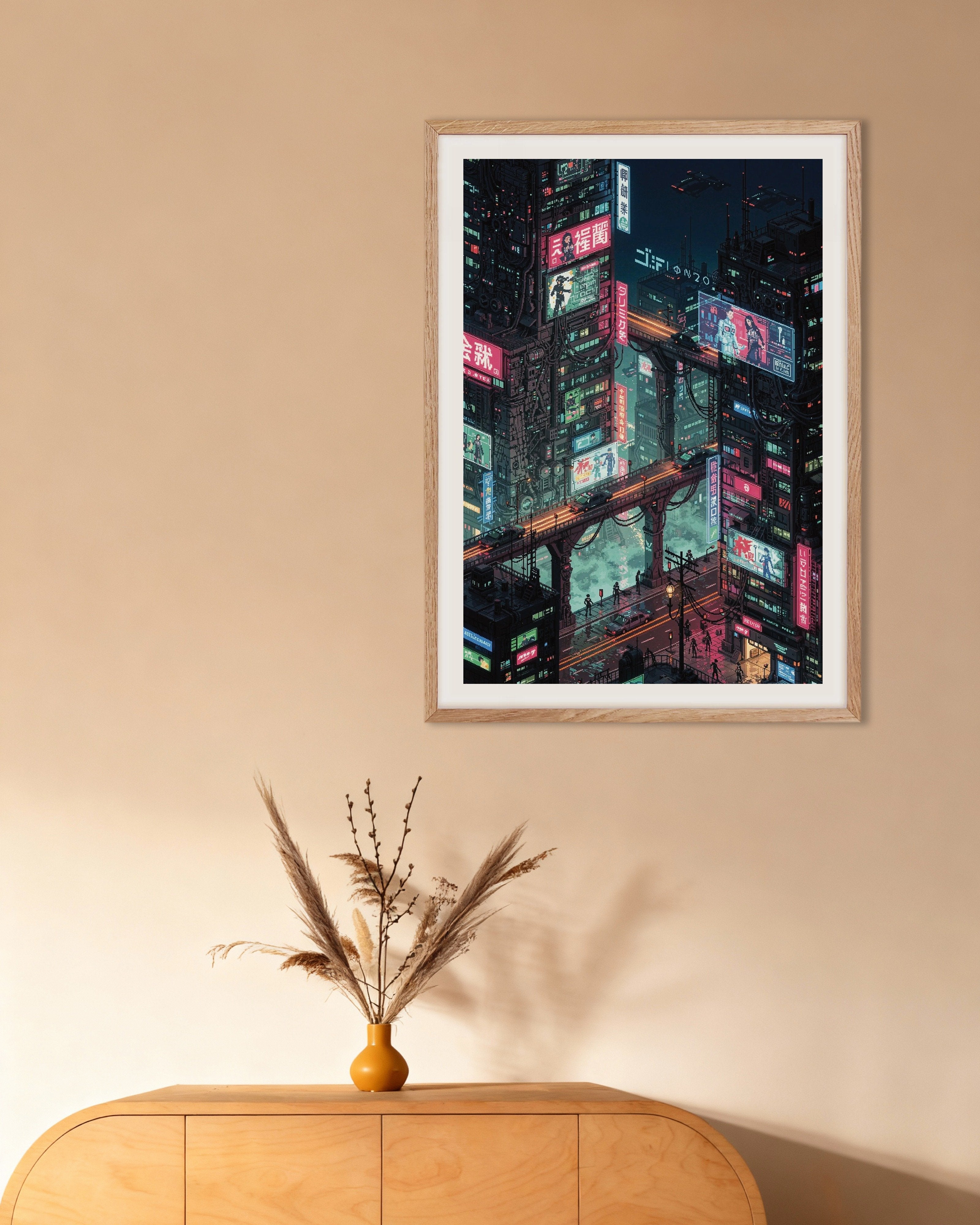 Poster of Neon Overpass - Japanese Cyber City Pixel Art, with natural wooden frame